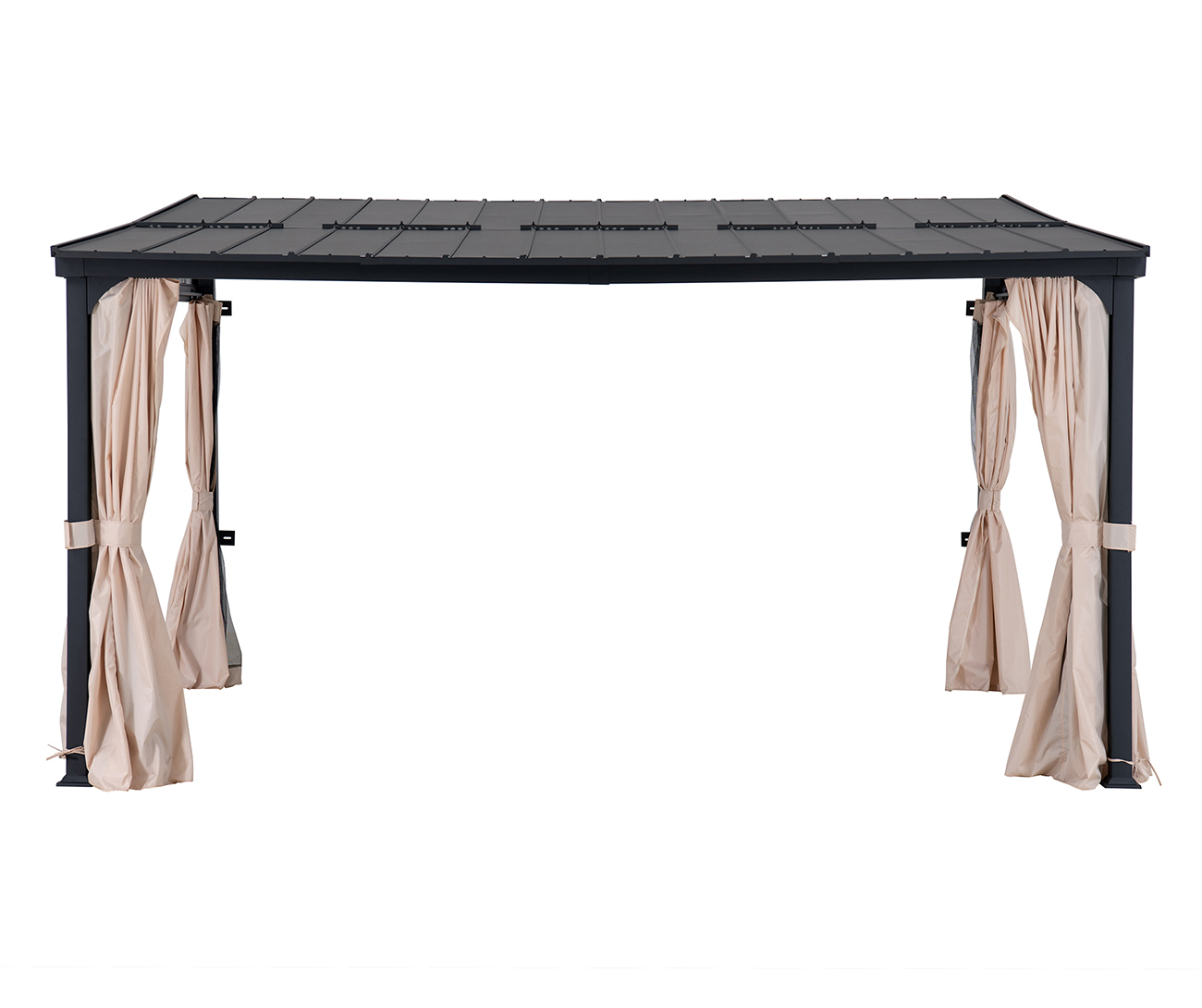 thumbnail video image 2 of Sunjoy 12’ x 14’ Wall Mounted Gazebo with Powder Coated Steel Roof, Black Aluminum & Metal Frame Lean to Gazebo with Curtains and Netting, 2 of 11