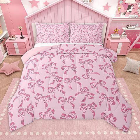 thumbnail video image 2 of Homewish Retro Bow Tie Bedding Comforter Set,Kawaii Bowknot Twin Comforter Sets,Dreamy Pink Bow Bedding Set For Girl,Luxury Bedroom Decor Reversible,2pcs, 2 of 9