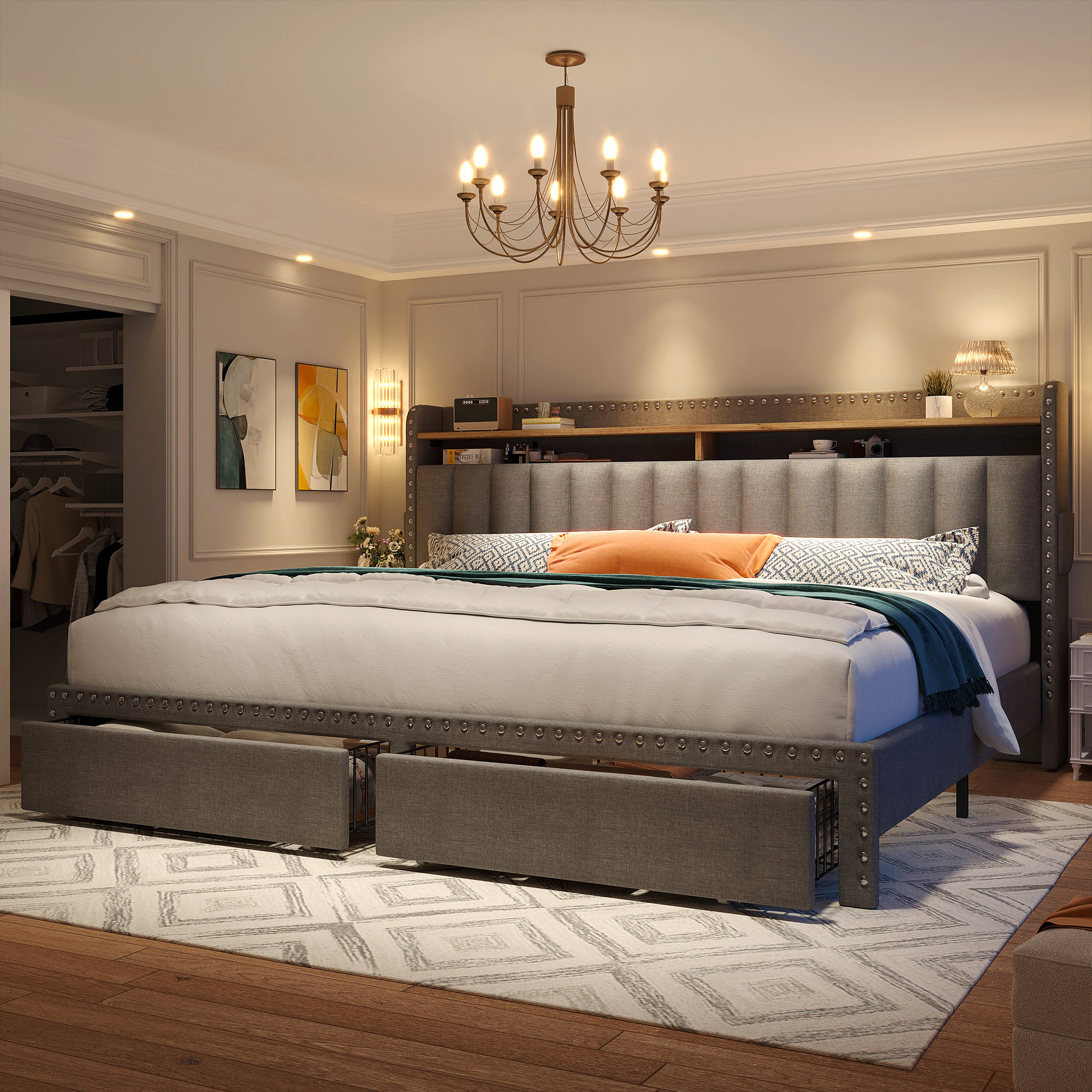 thumbnail video image 2 of EnHomee Queen Size Beds with 2-Tier Storage Headboard Queen Size Upholstered Bed Frame with 2 Drawers,Grey, 2 of 10