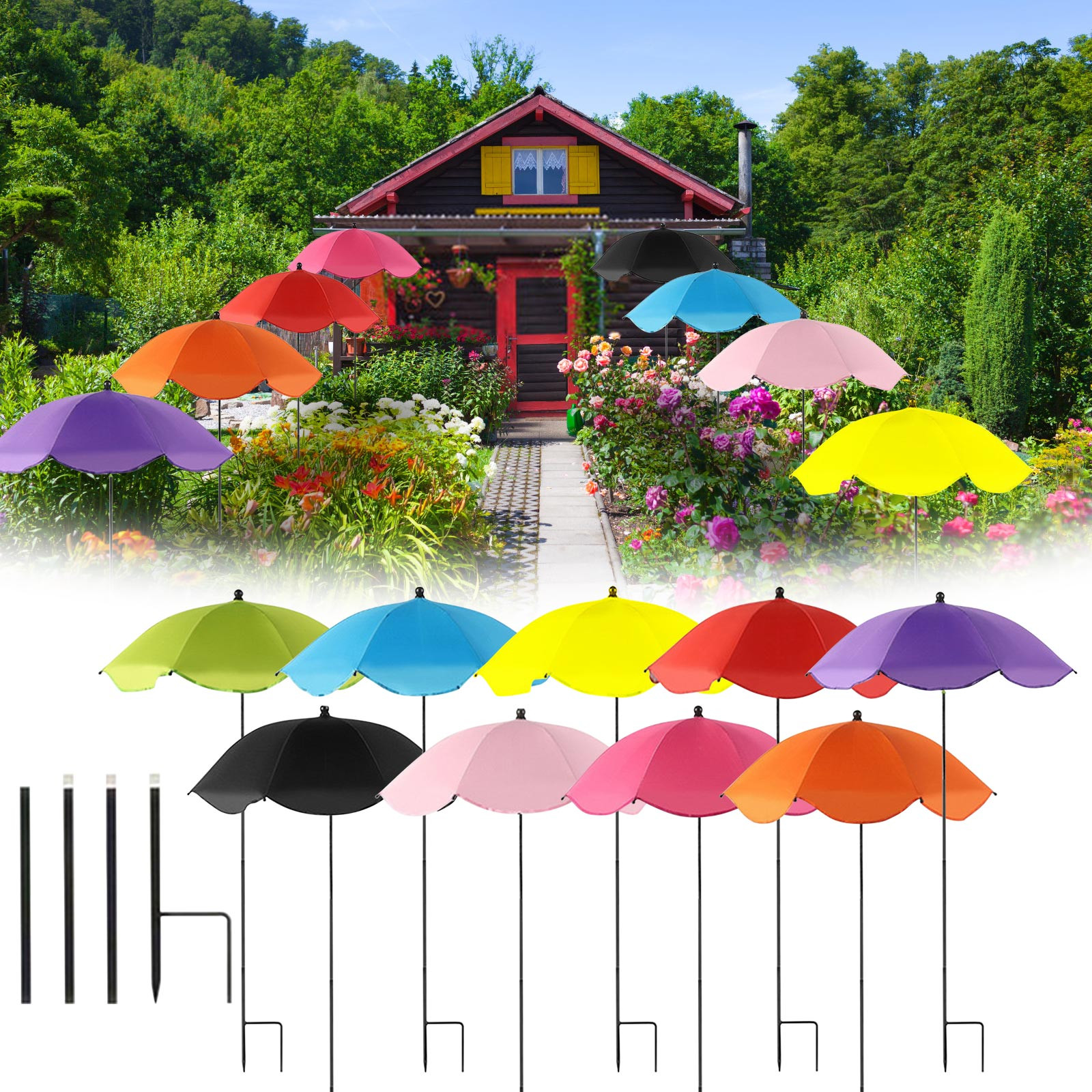 thumbnail video image 2 of Black Large Garden Parasol with H Iron Stake - Outdoor Sun Shade and Rain Protection Umbrella for Potted Greenery, Big Lace Umbrella, Durable Stake, Weather-Resistant, Perfect Garden Greenery, 1pc, 2 of 6