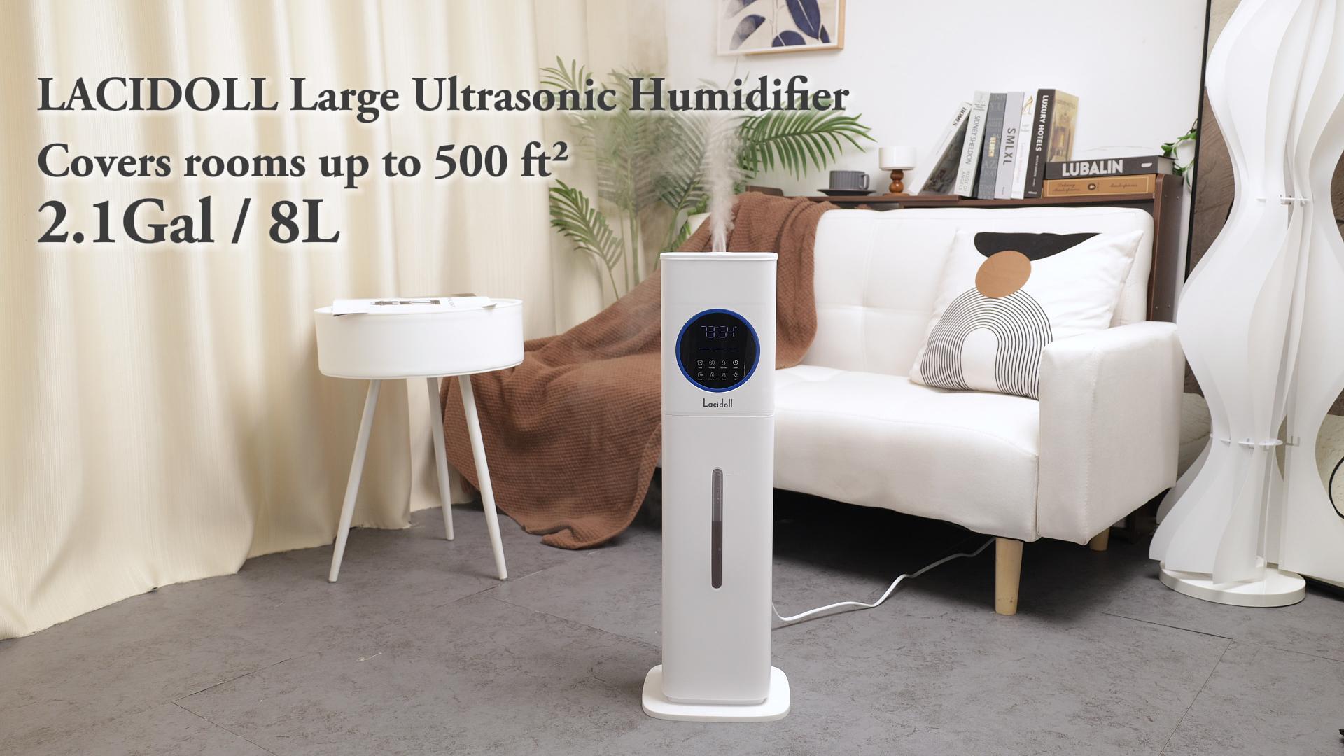 thumbnail video image 2 of 2.1Gal/8L Cool Mist Humidifier for Room Bedroom, Large Room Humidifier for Home Whole House, Quiet Ultrasonic Humidifier with Night Light, White, Lacidoll, 2 of 8