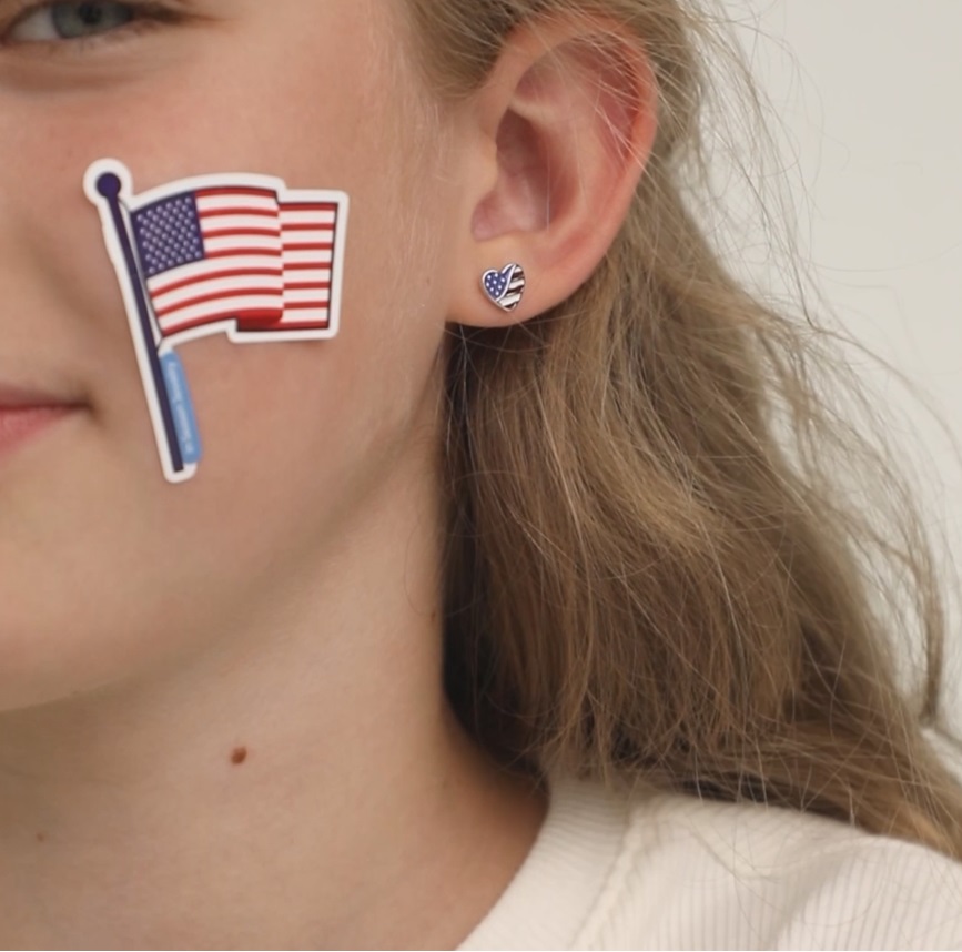 thumbnail video image 2 of Patriotic Heart Kids / Children's / Girls Earrings Enamel - Sterling Silver, 2 of 6