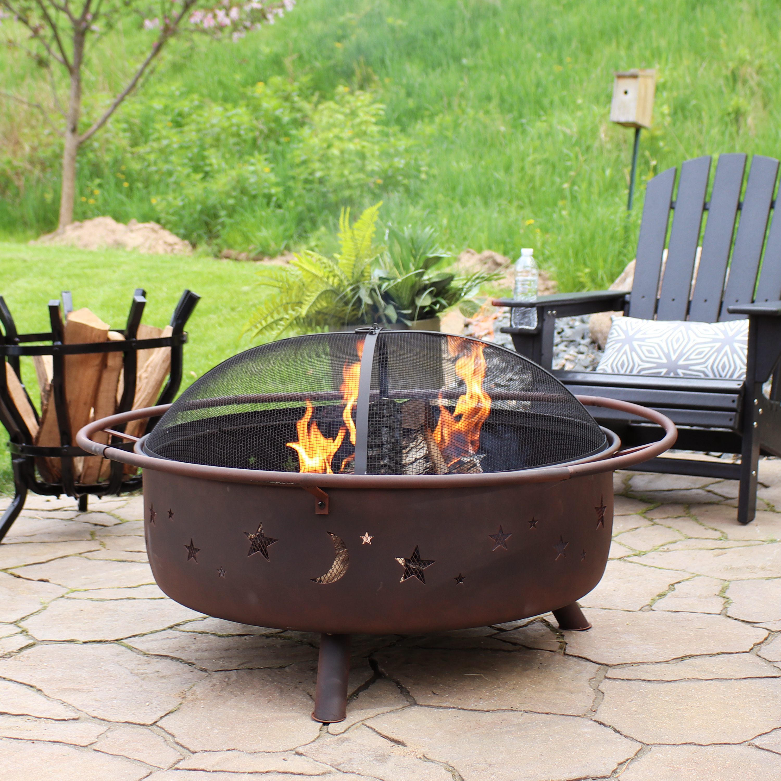 thumbnail video image 2 of Sunnydaze Cosmic 42" Round Wood-Burning Bronze Finish Steel Fire Pit with Spark Screen, 2 of 14