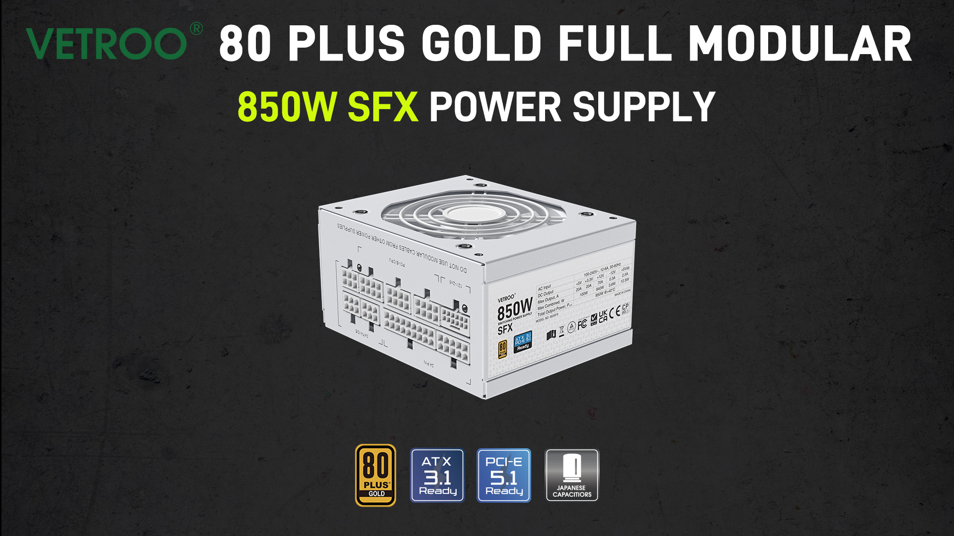 thumbnail video image 2 of Vetroo 850W SFX Power Supply ATX 3.1 & PCIE 5.1 Ready, 80 Plus Gold Certificate Fully Modular, 2 of 10