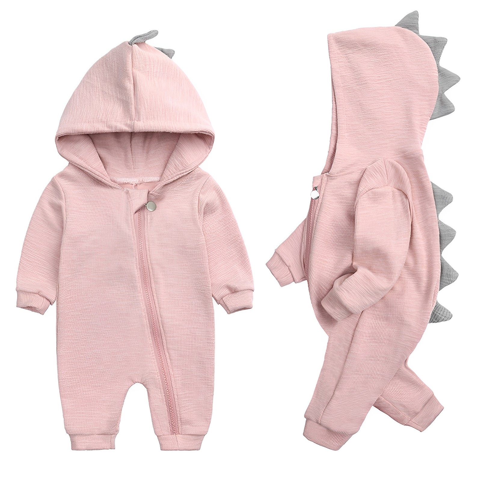 thumbnail video image 2 of 2025 Spring Newborn Baby Long Sleeve Romper Suit Toddler Boys Girls Hooded Dino Jumpsuit Cotton Babywear,0-3M Pink, 2 of 7