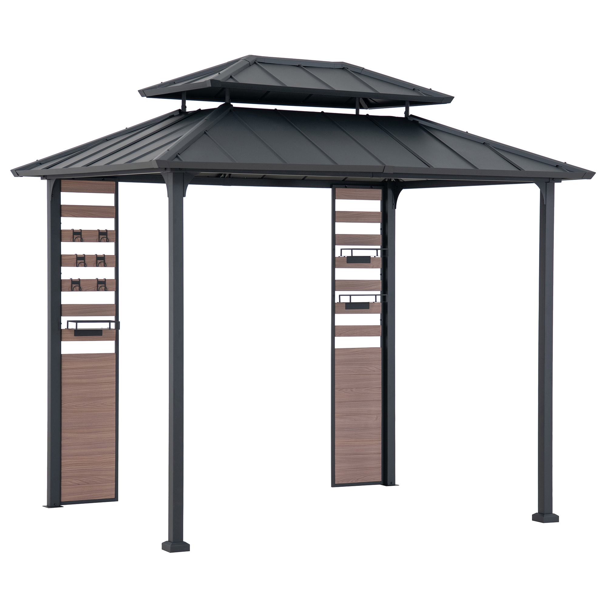 thumbnail video image 2 of Sunjoy 7 x 9 ft. Grill Gazebo, 2-Tier Hardtop Gazebo Pergola with Ceiling Hooks and Storage Shelves, Matte Black, 2 of 9
