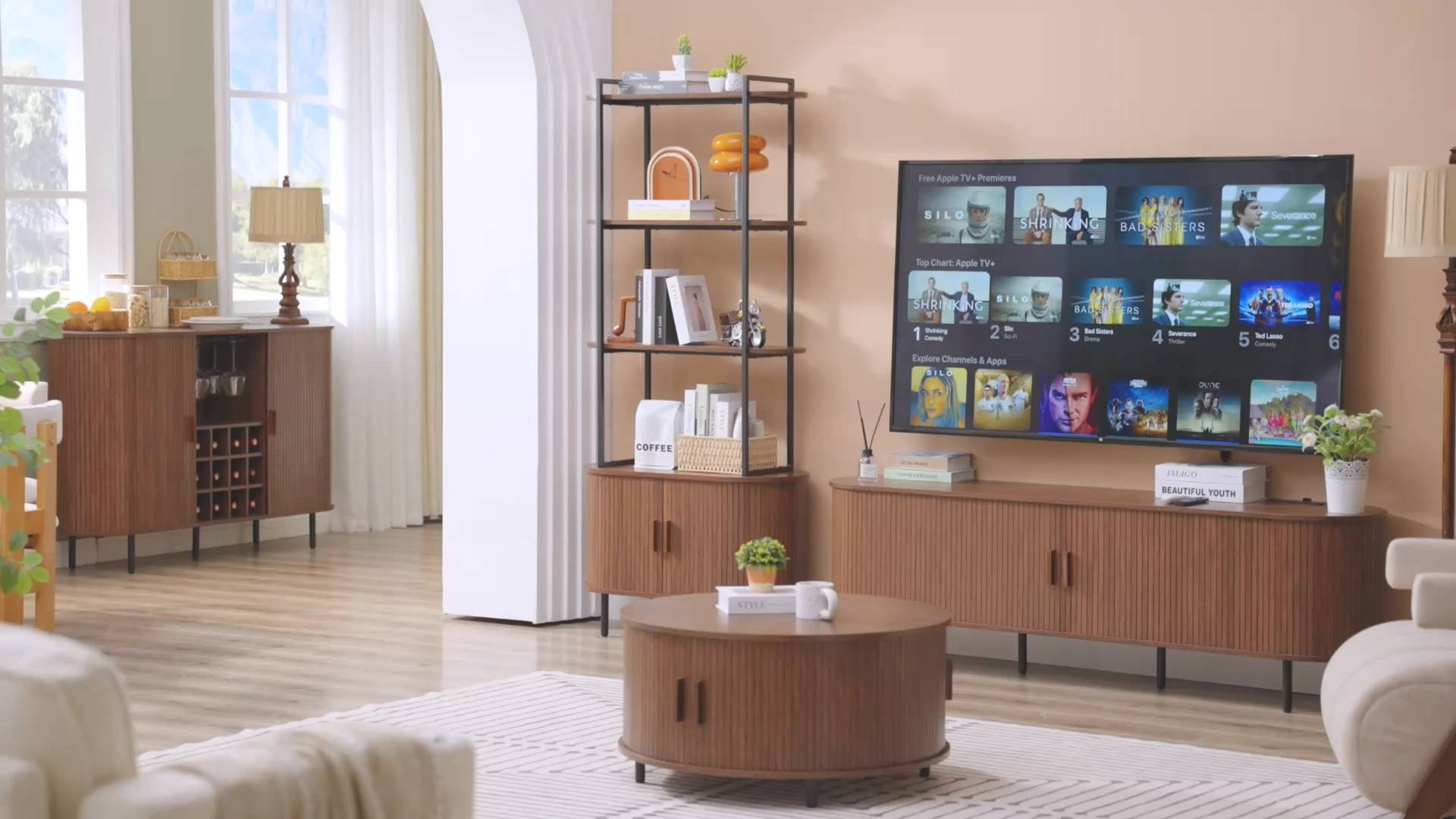 thumbnail video image 2 of Onbrill 55" Wine Bar Cabinet with LED Light,Modern Liquor Whiskey Coffee Station with Wine Rack and Glass Holder, Farmhouse Large Buffet Sideboard for Dining Room, Living Room, Kitchen,  Walnut, 2 of 9