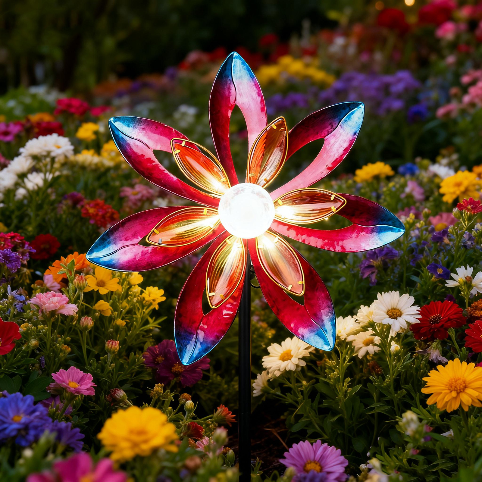 thumbnail video image 2 of Outdoor Wind Spinner,Solar Flower Wind Spinner – 62.2-Inch Colorful Metal Petal Garden Decor, LED Light,Dynamic Spinning Yard Art for Patio, Lawn & Garden, 2 of 9