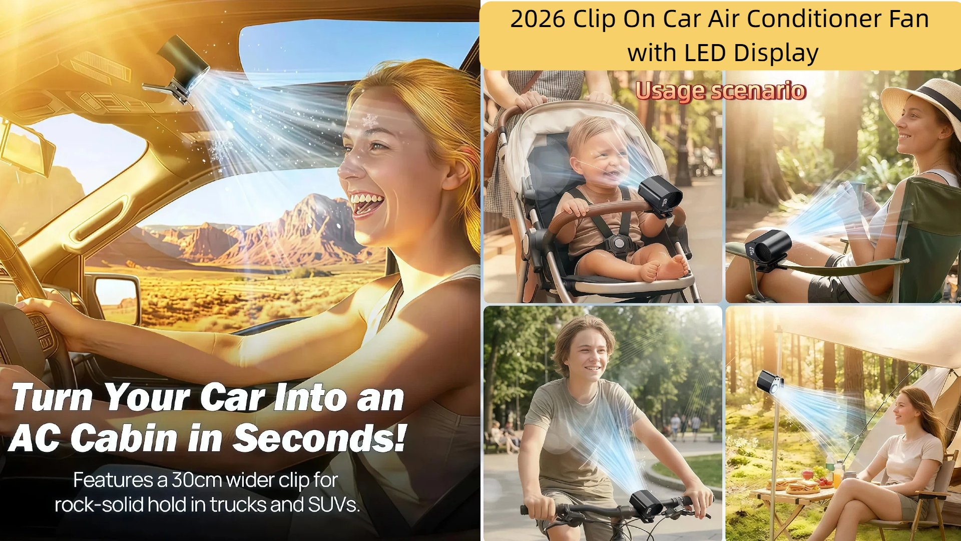 thumbnail video image 2 of 2026 Portable Clip-on Car Air Cooler Fan, USB Rechargeable Mini Cooling Fan with 360° Rotation, 199 Speed LED Display Personal Cooler for Office Beach Camping Outdoor (Black), 2 of 11