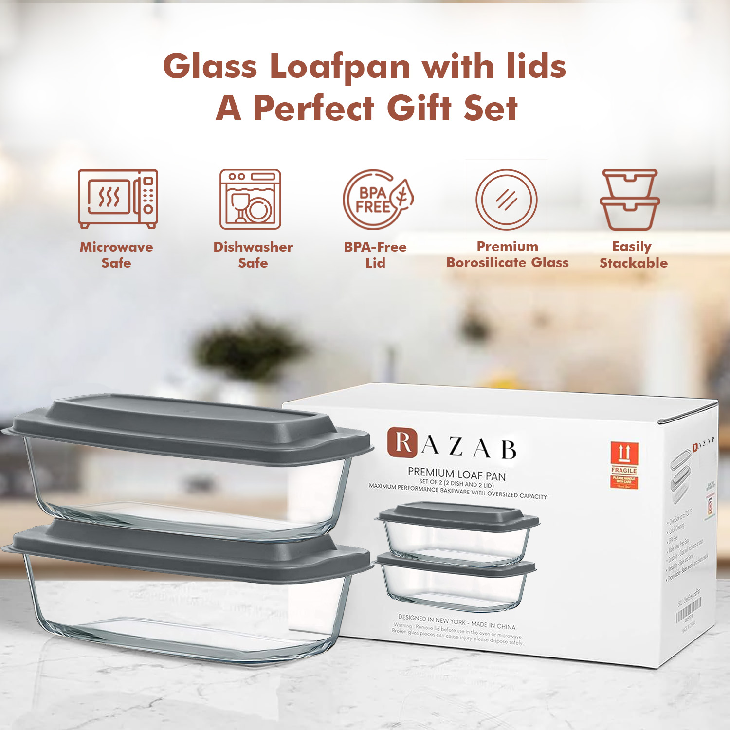 thumbnail video image 2 of Razab 1800ml Large Glass Loaf Pans with Lids (Set of 2) 10 x 5in Bread Baking Pans, Bpa Free with Easy-Grip Handles, 2 of 9