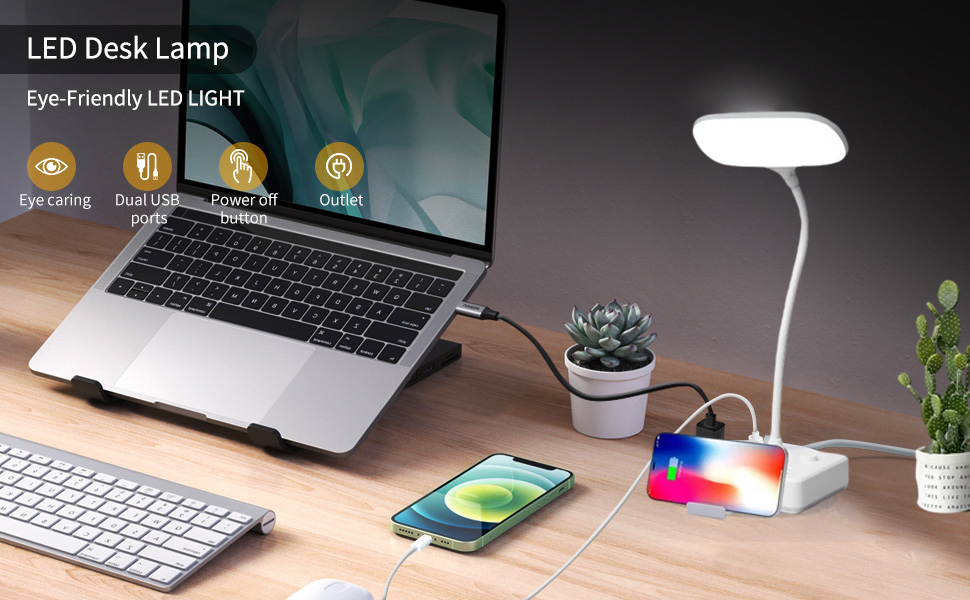 thumbnail video image 2 of BOHASHIN LED Desk Lamp with 2 USB Charging Ports and 4 AC Outlets, 2 Color Temperatures and 4ft Extension Cord for reading, Working, Studying, 2 of 10