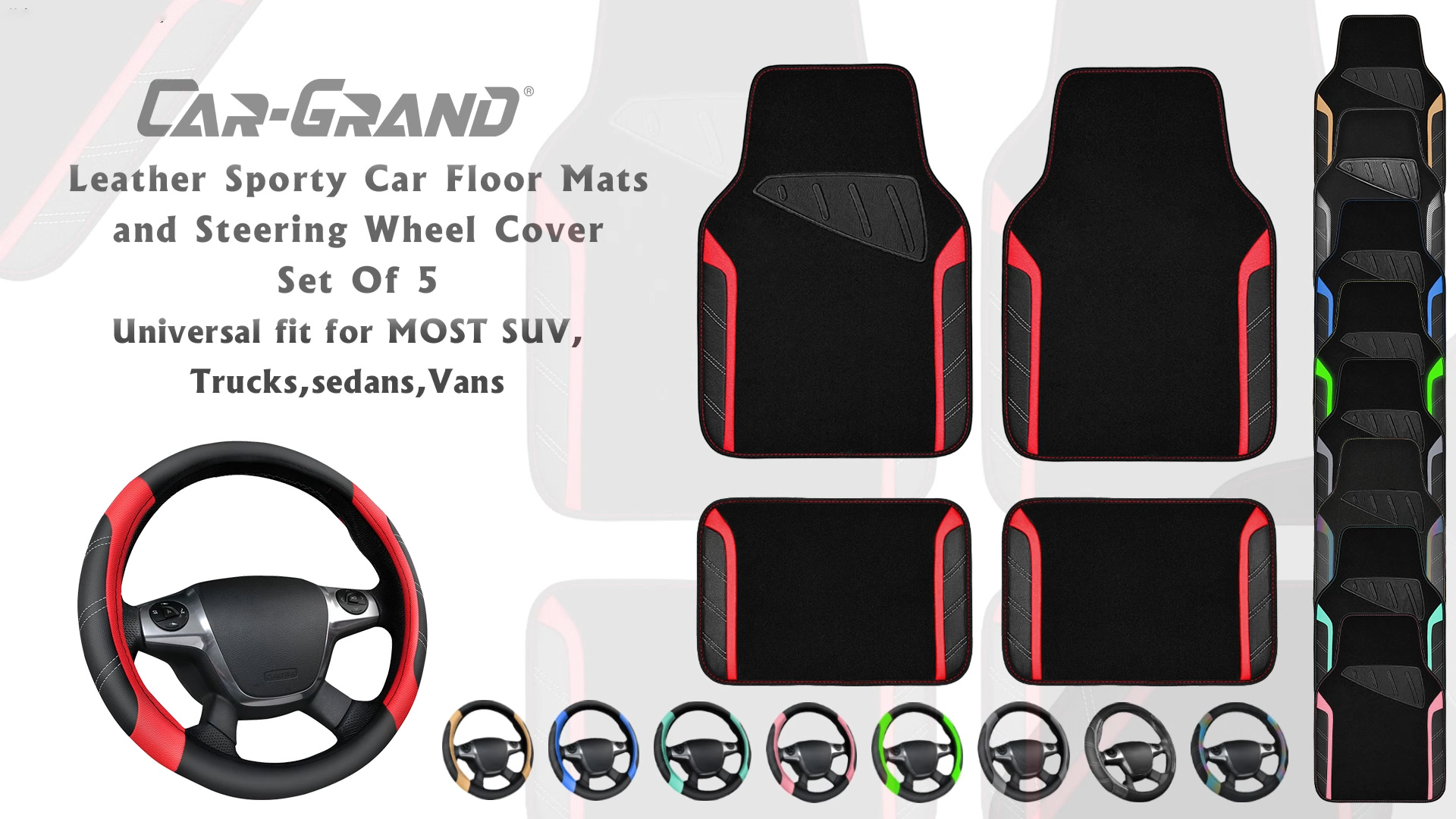 thumbnail video image 2 of CAR GRAND Faux Leather Car Steering Wheel Cover Combo Pack Car Floor Mats, Universal Fit Waterproof Anti-slip Carpet 14.5-15 Inches Beige & Black, 2 of 10