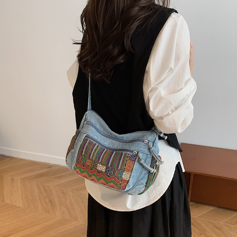 thumbnail video image 2 of SPEKSEE Slouchy Shoulder Bag Boho Denim Y2K Large Hobo Purse Soft Messenger Retro Crossbody Handbag Vintage Washed Jeans with Pockets, 2 of 9