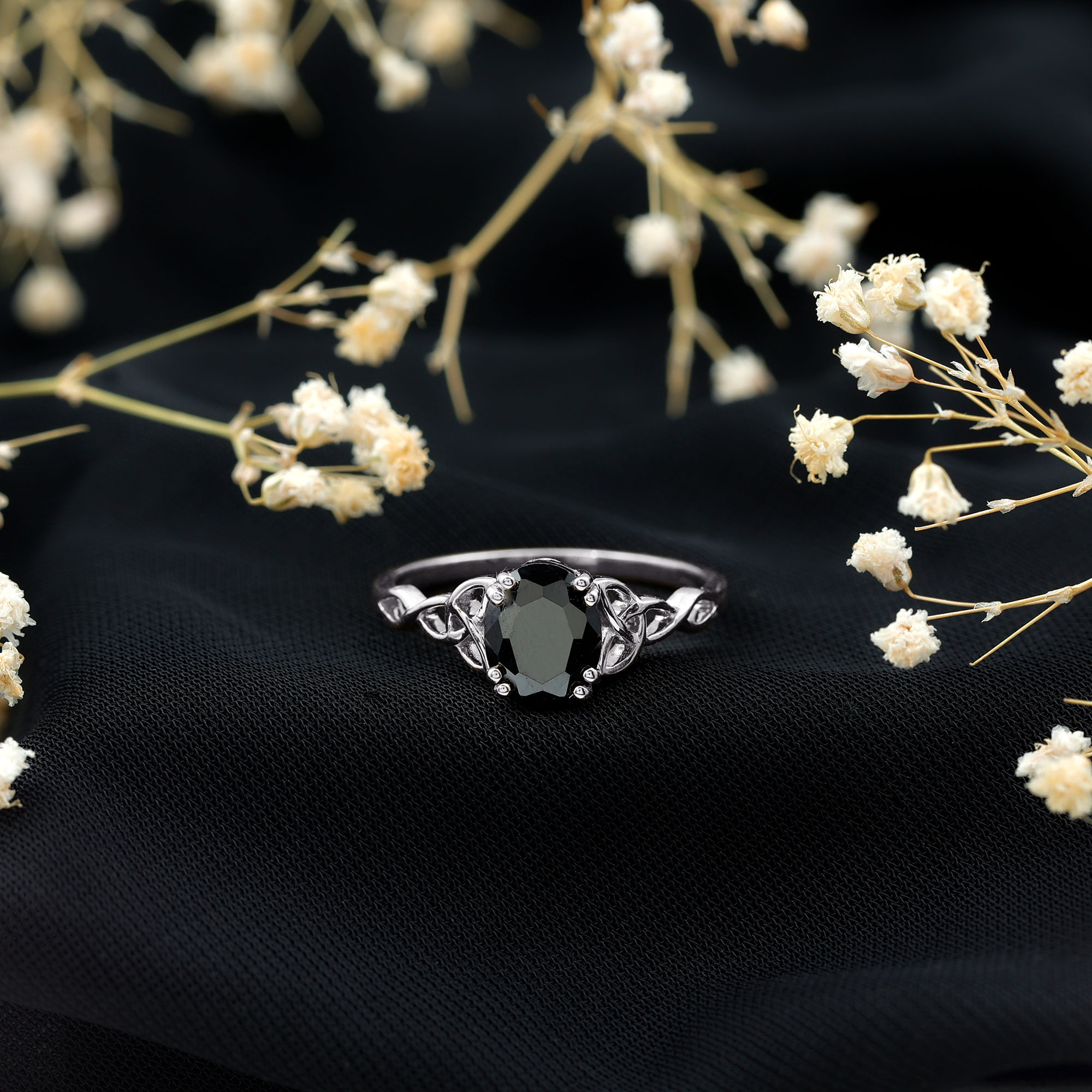 thumbnail video image 2 of Rosec Jewels Oval Cut Black Onyx Solitaire Celtic Knot Ring for Women (7X9 mm), 14K Yellow Gold, US 11.00, 2 of 8