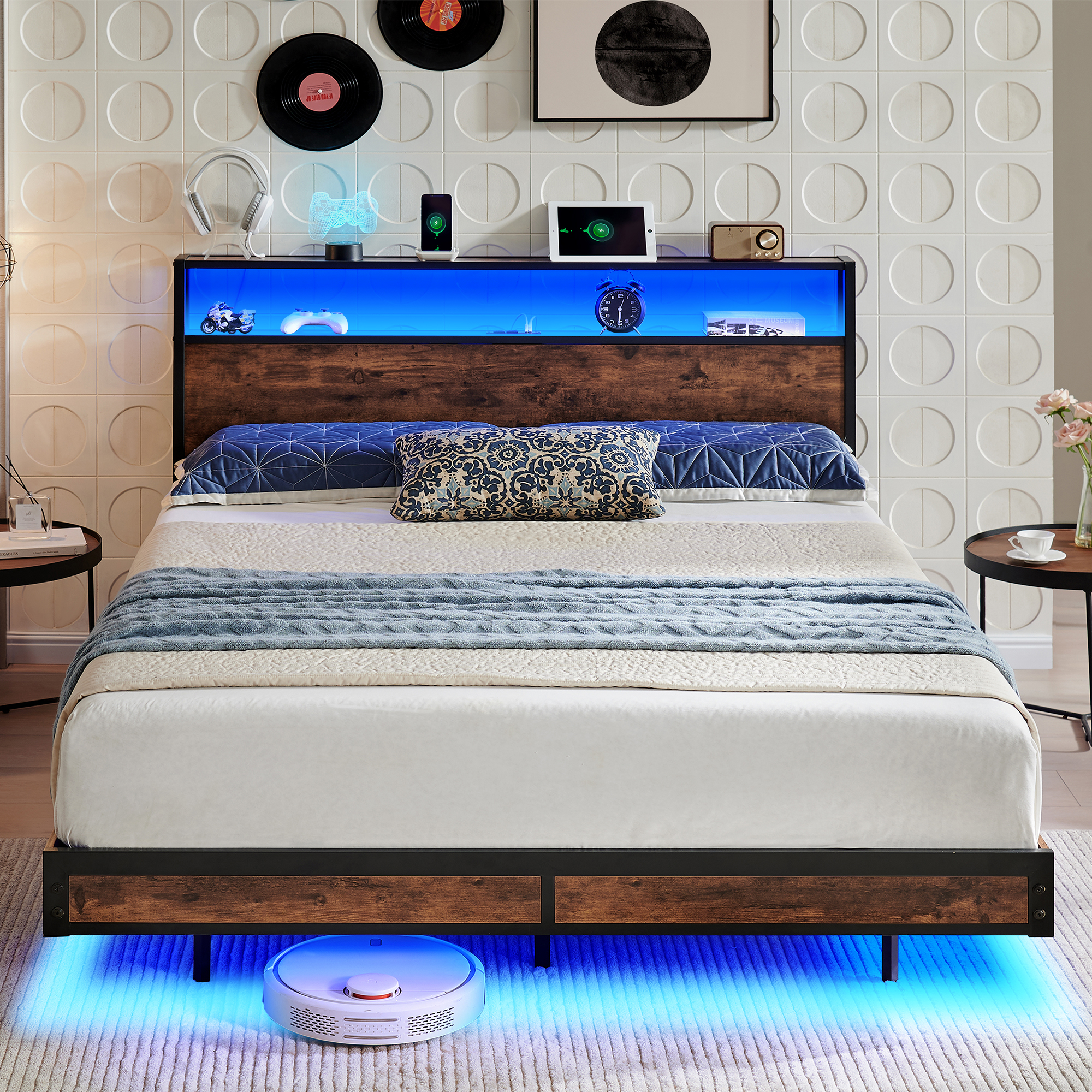 thumbnail video image 2 of Sailvan Full Size Bed Frame with 2 LED Lights,USB Charging and Headboard,Wood and Metal Platform Bed Frame Full,2-Tier Storage Shelf,No Box Spring Needed,Brown, 2 of 10