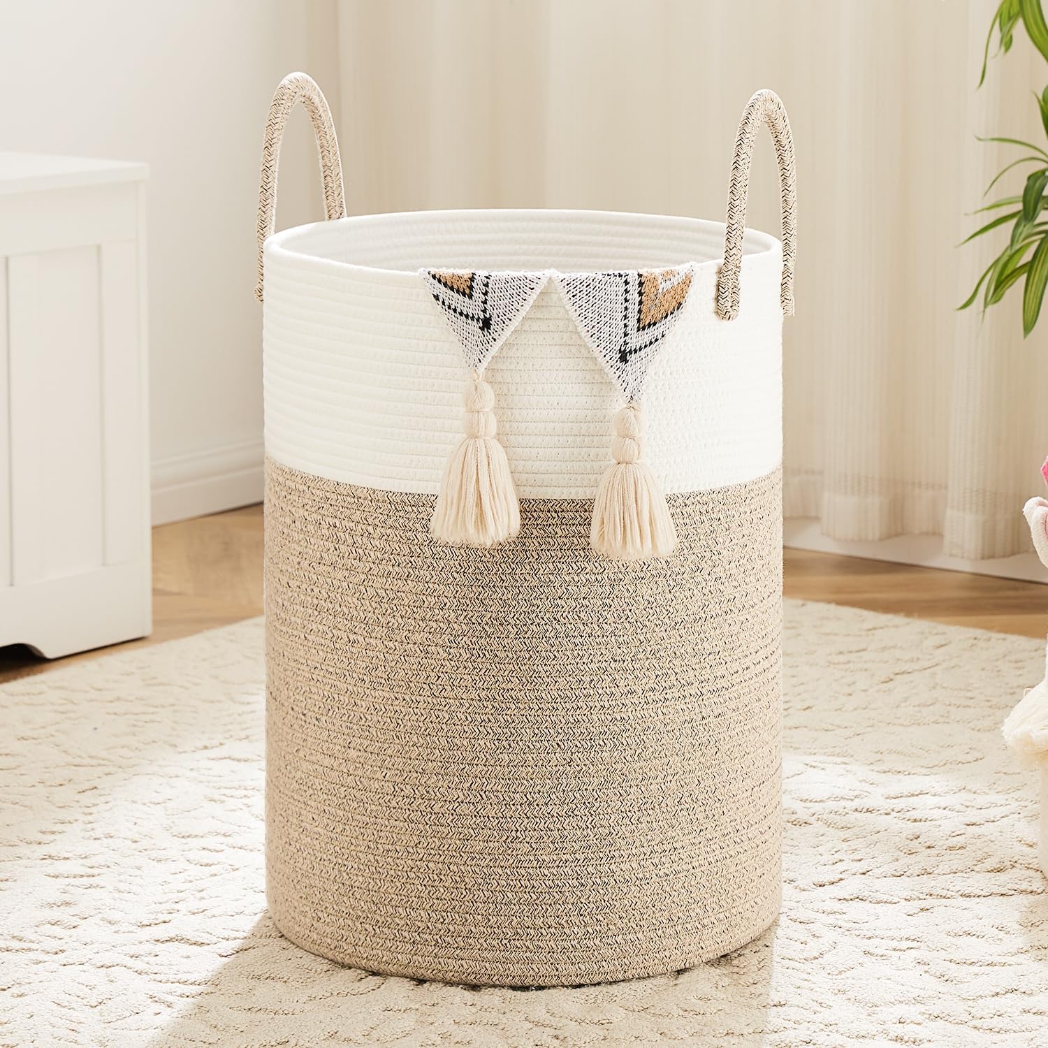 thumbnail video image 2 of Laundry Basket, Woven Cotton Rope Laundry Hamper for Decor Storage of Dirty ClothesToys and Blankets in Bathroom, Baby Room and Living Room, 2 of 7