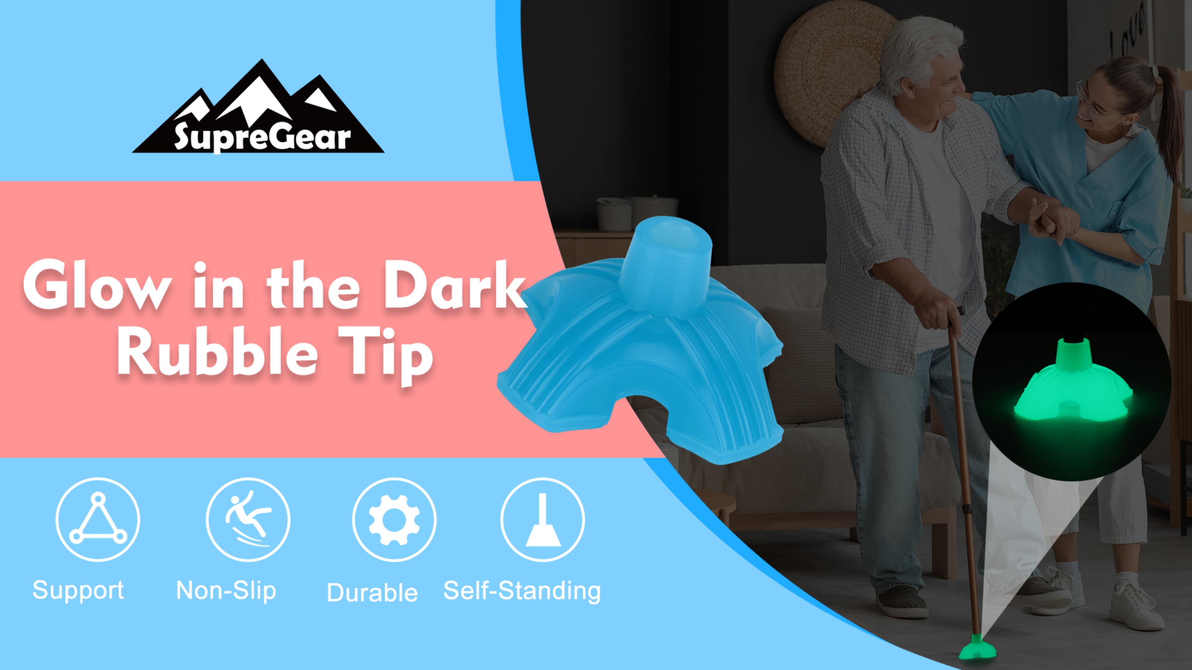 thumbnail video image 2 of SupreGear 3/4" Glow Self-Standing Cane Tip, Heavy Duty Rubber Quad Base for Most Canes, Green, 2 of 9