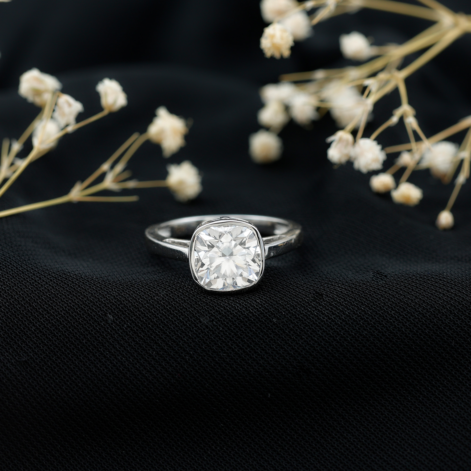 thumbnail video image 2 of Rosec Jewels Bezel Set Cushion Shaped Moissanite Solitaire Engagement Ring 3 Carat - 8 mm - D-VS1 Quality Certified, 925 Sterling Silver, US 4.00, 2 of 8