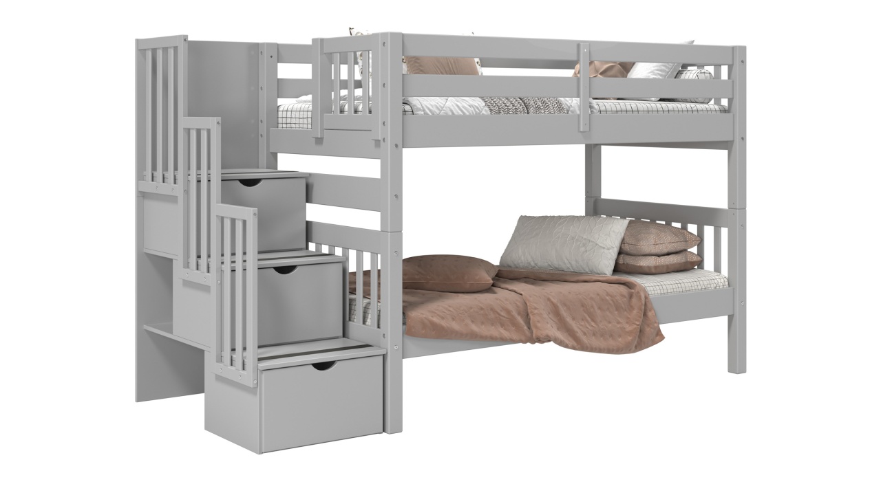 thumbnail video image 2 of Bedz King Stairway Bunk Beds Twin over Twin with 3 Drawers in the Steps, Gray, 2 of 10