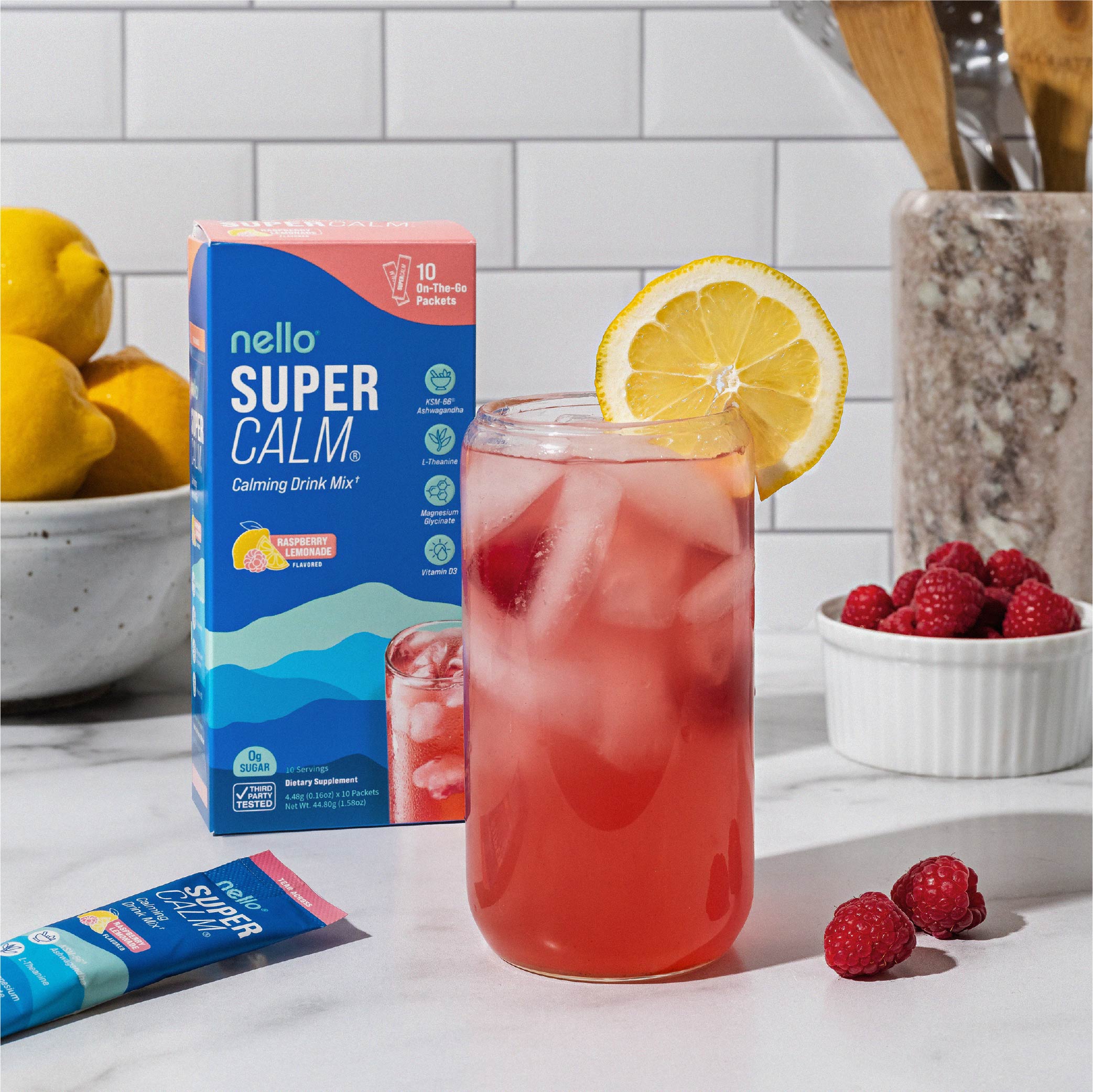 thumbnail video image 2 of Nello Supercalm Calming Drink Mix Packets, Raspberry Lemonade, 1.5 oz, 10 Count, 2 of 7