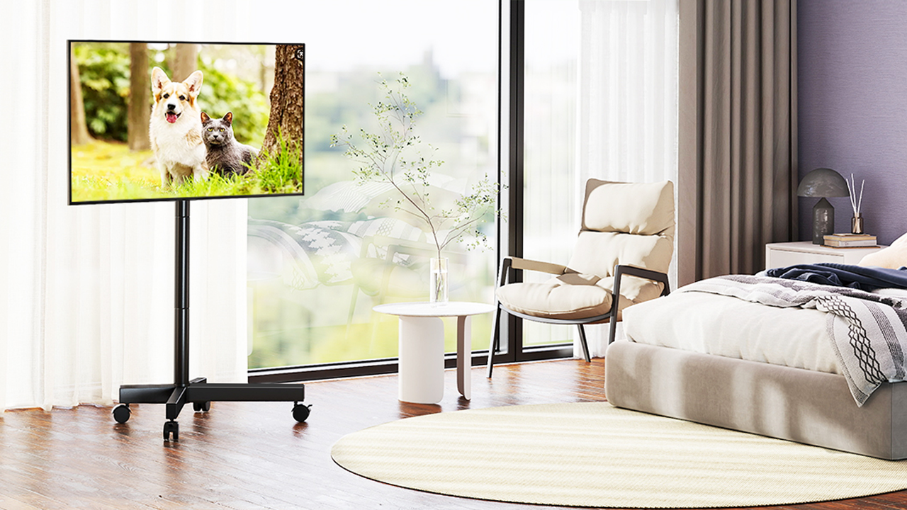 thumbnail video image 2 of RTVR Mobile TV Cart Stand with Wheels for 32 to 60 inch Screens, Rolling TV Mount Stand Compatible with All Apple Roku Ultra, 2 of 10