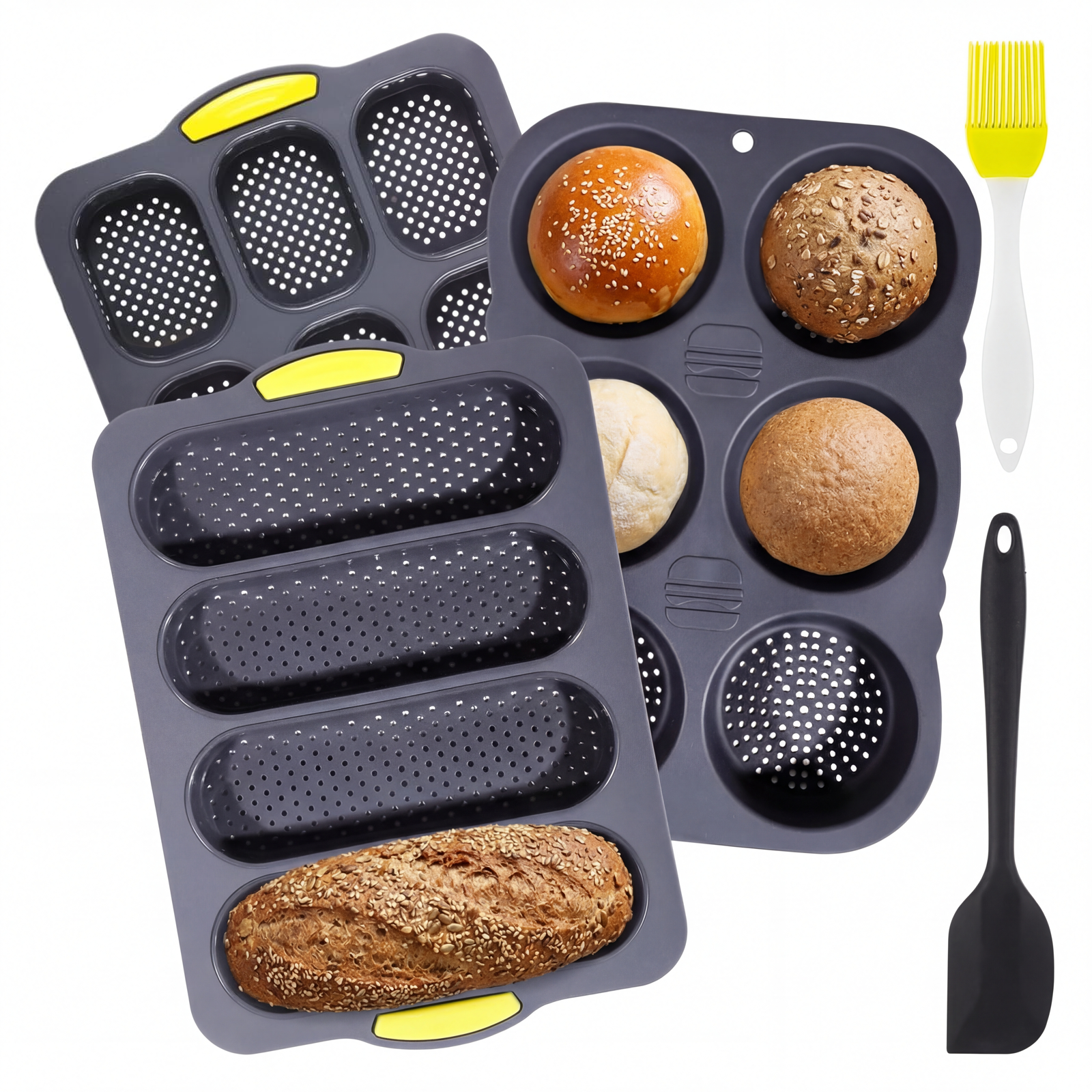 thumbnail video image 2 of 3 Pack Silicone Baguette Bread Pan, Nonstick French Bread & Hot Dog Bun Mold, Foldable Loaf Baking Pan for Hoagie Rolls, Easy Release, Dishwasher Safe, Gray, 2 of 8