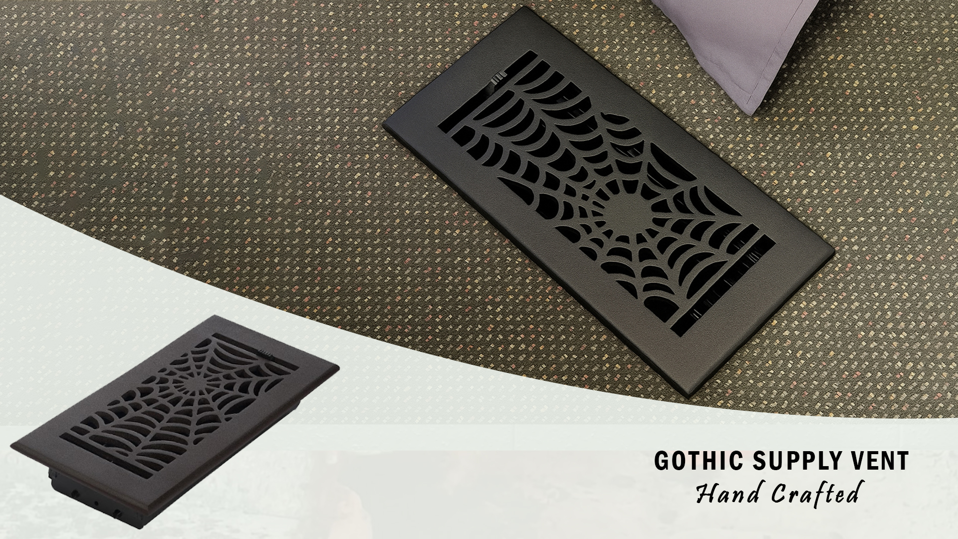 thumbnail video image 2 of Spooky Gothic Vent cover 8"x 12" Duct Opening (Overall 9-1/2"x 13-3/4") Spider Web Design Solid Cast Aluminium Register, 2 of 13