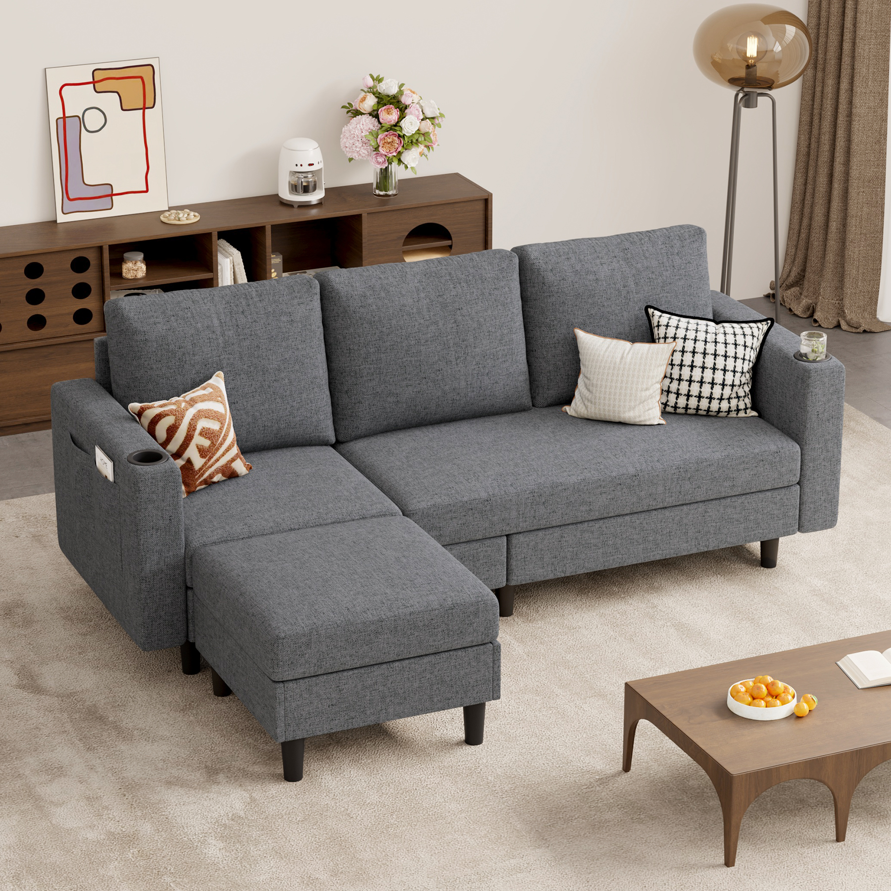 thumbnail video image 2 of Hawsaiy 78" L-Shaped Upholstered Sectional Sofa, 3-Seat Convertible Couch with Washable Corduroy Covers, for Living Room, Apartment, Light Gray, 2 of 10