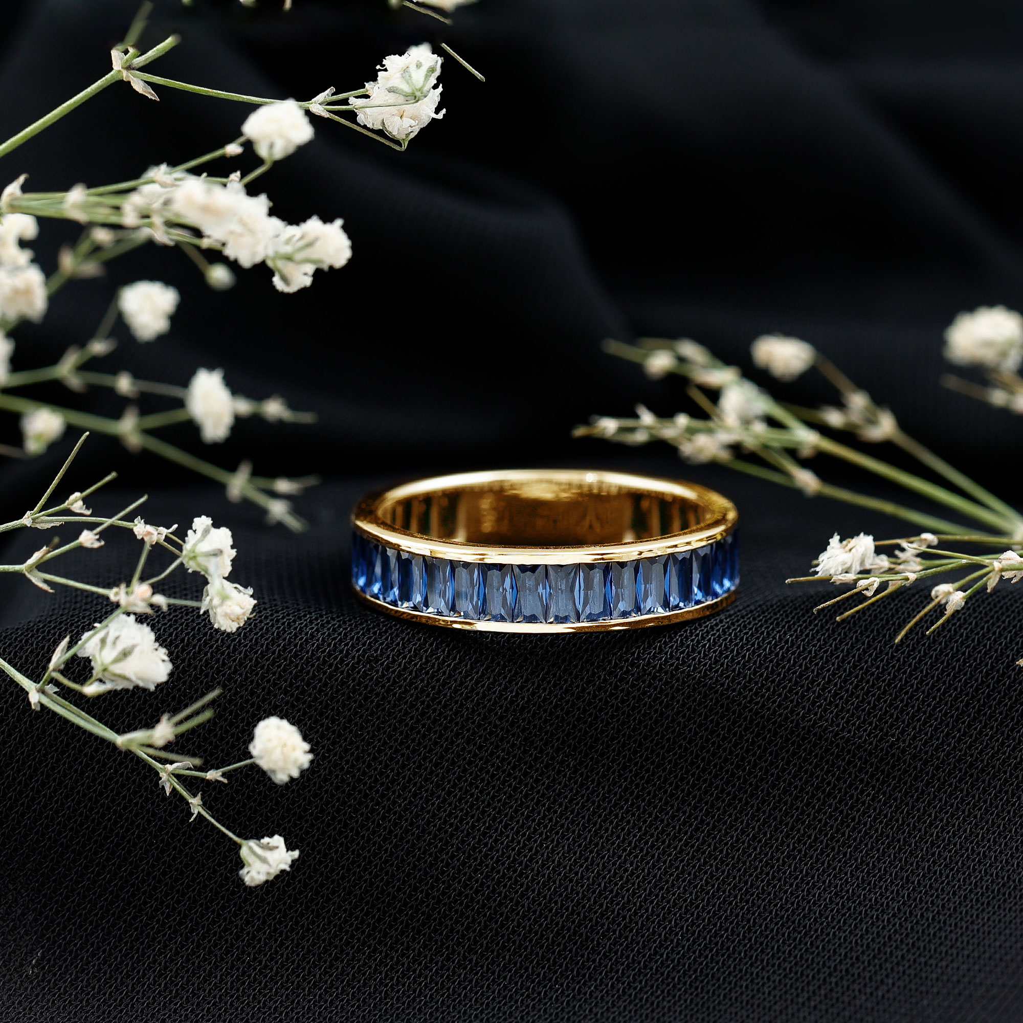 thumbnail video image 2 of Rosec Jewels Baguette Shape Lab Grown Blue Sapphire Eternity Band Ring - AAAA Quality, 18K Yellow Gold, US 3.50, 2 of 8