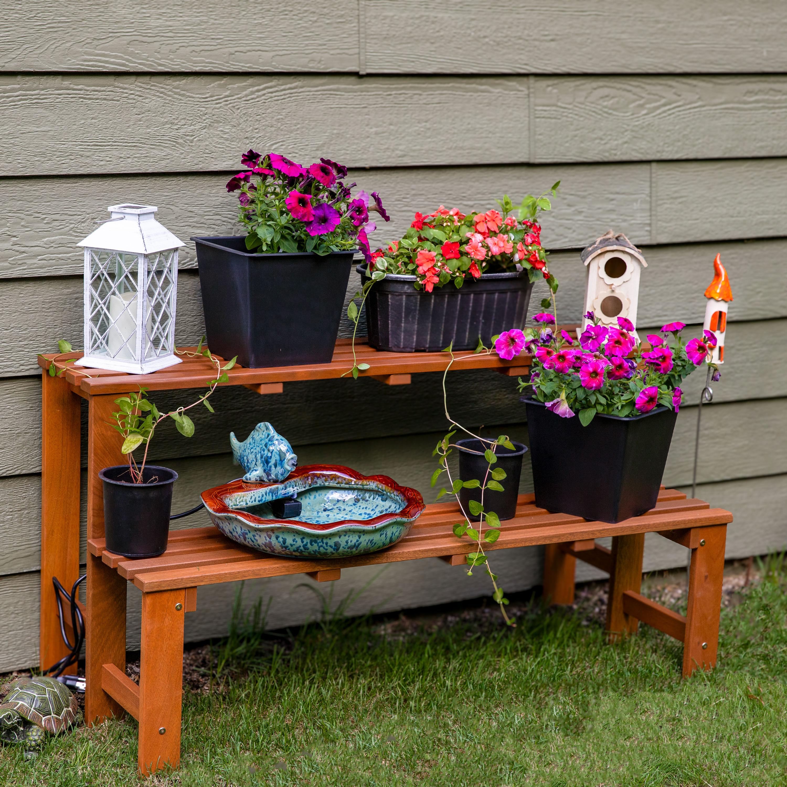 thumbnail video image 2 of Sunnydaze 47.25" x 19.5" x 24" 2-Tier Brown Meranti Wood Outdoor Plant Stand, 2 of 12