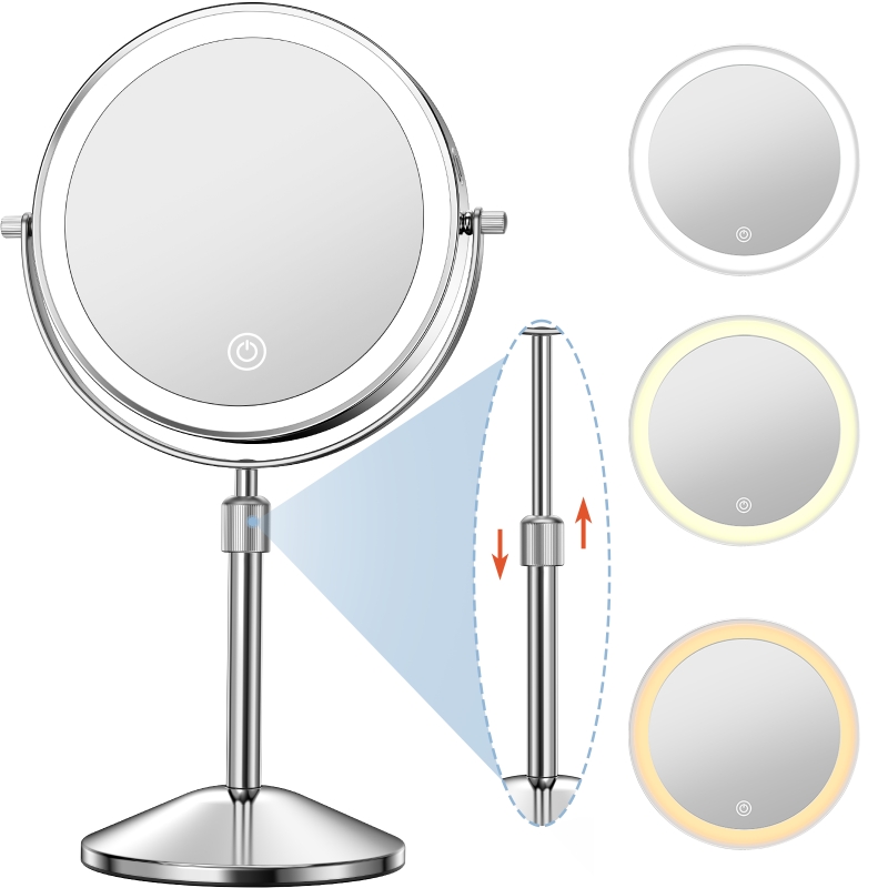 thumbnail video image 2 of Miserwe Makeup mirror: 1x / 10x magnifying glass, 7-inch rechargeable luminous makeup mirror, adjustable height, double-sided mirror, touch control, 360° rotatable, suitable for makeup rooms, 2 of 9