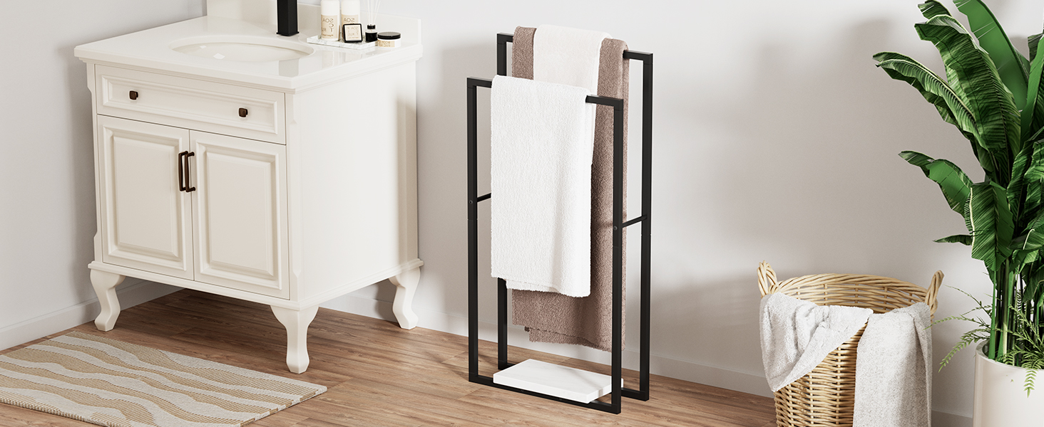 thumbnail video image 2 of KES Black Standing Towel Rack for Bathroom with Heavy Marble Base, 38" H Towel Racks Stand 2-Tier Blanket Rack for Bathroom Floor, 2 of 11