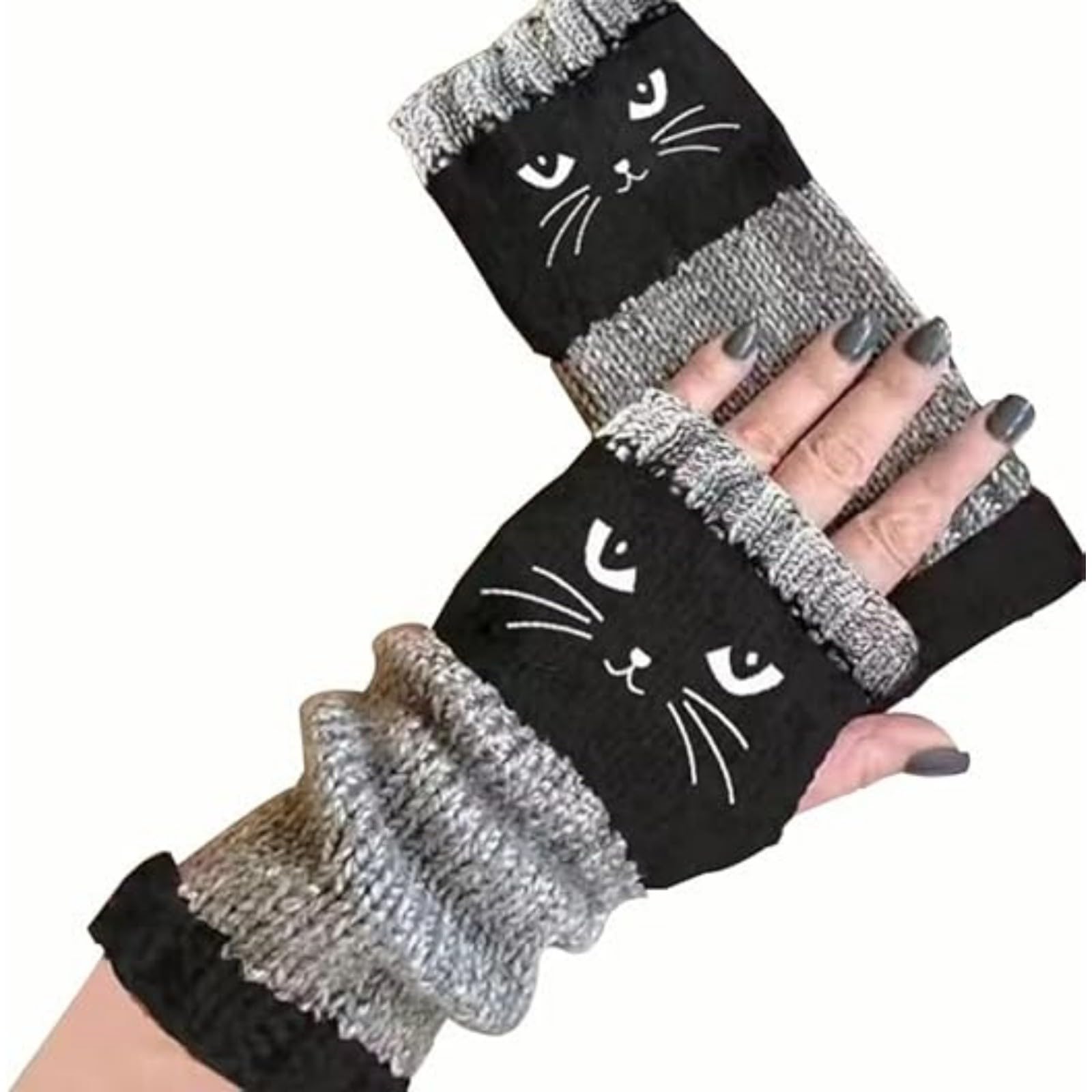 thumbnail video image 2 of Cozy Cat Tastic Gloves, Knitted Fingerless Gloves for Women, Women’s Knitted Fingerless Glovess with Cute Cat Embroidery, 2 of 8