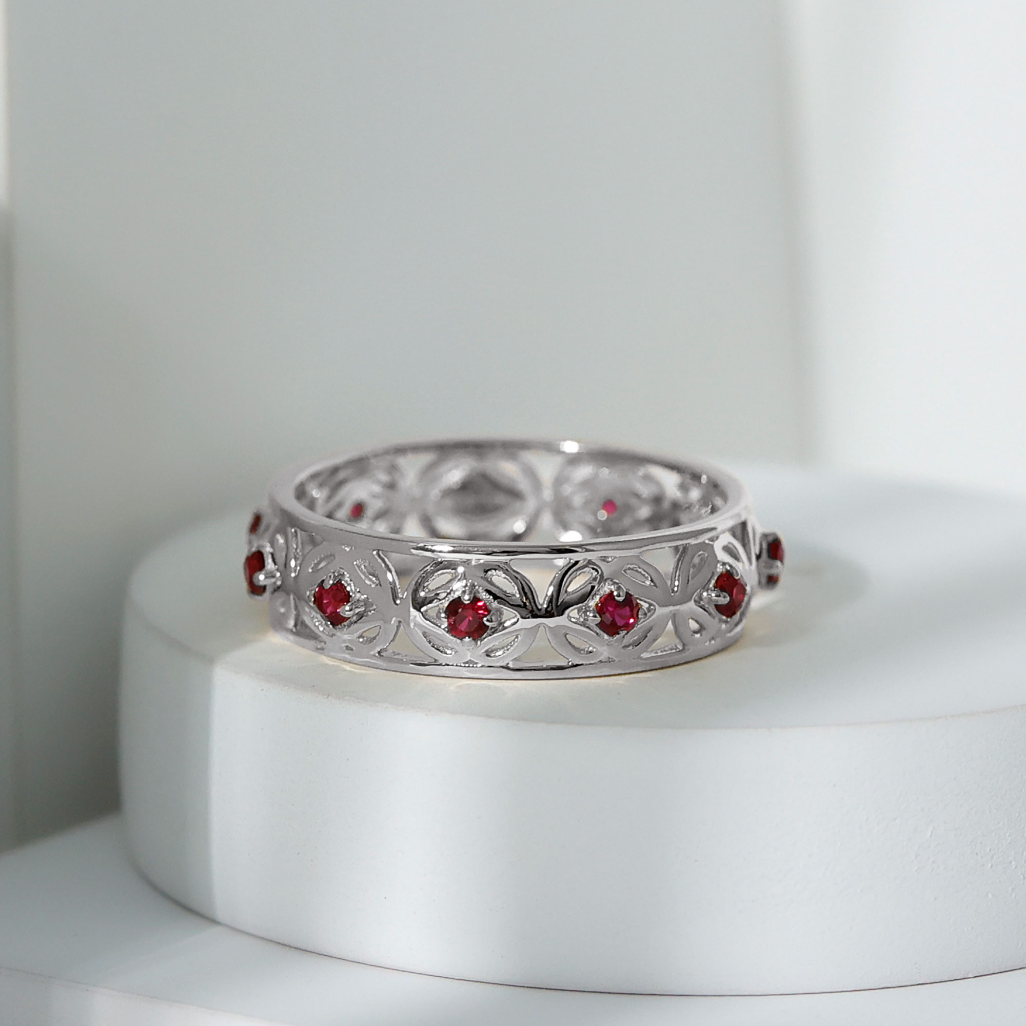 thumbnail video image 2 of Rosec Jewels Vintage Inspired Ring for Women, Created Ruby Band Ring (AAAA Quality), 10K White Gold, US 10.00, 2 of 8