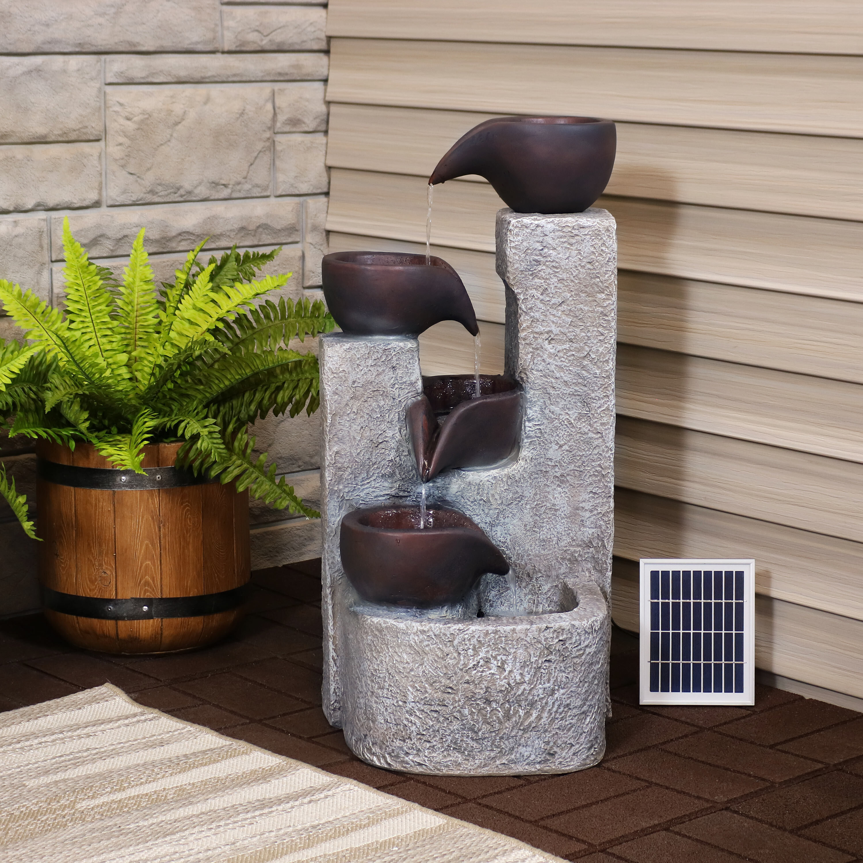 thumbnail video image 2 of Sunnydaze Aged Tiered Vessels Sculptural Gray Polyresin Solar Fountain with Battery, 2 of 10