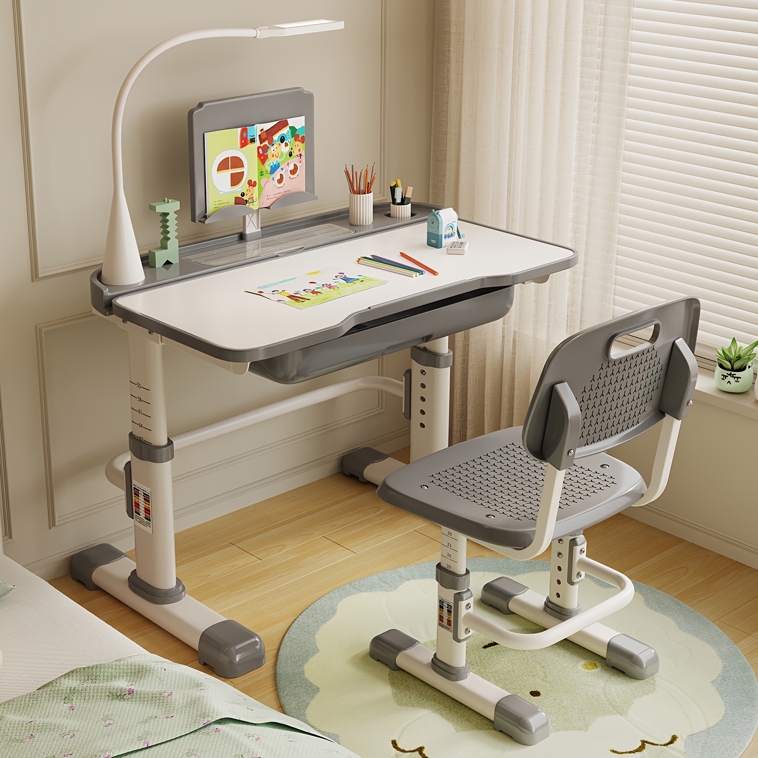 thumbnail video image 2 of Kids Desk and Chair Set, Height Adjustable Children Bedroom Study Desk with Tilt Desktop, Can Directly for Drawing, Book Stand, 3 Mode LED Light and Storage Drawer for Boys Girls (Pink), 2 of 10