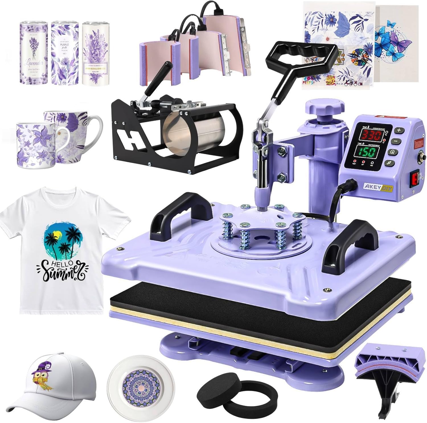 thumbnail video image 2 of Adnoom 8 in 1 Heat Press Machine Combo, 15"x12" Sublimation Heat Transfer, 360°Swing Away, Digital shirt Press Machine for Hat Cap Mug Plate,Purple, 2 of 9