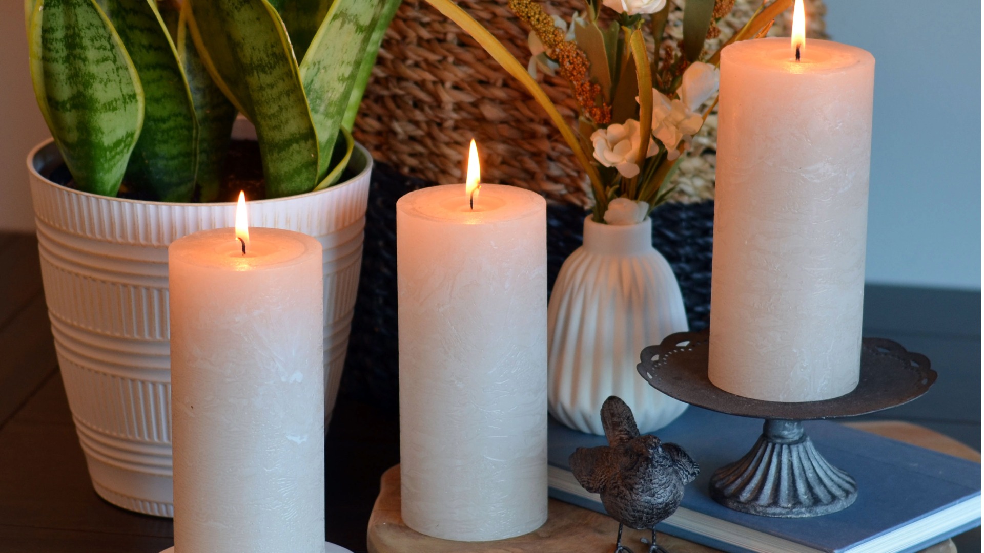thumbnail video image 2 of 3 Piece Pale Gray Pillar Candles with 68 Hours Burn Time, 6 Inches Tall, 2 of 7