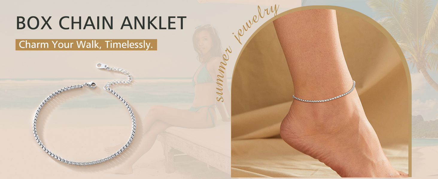 thumbnail video image 2 of FindChic Rectangular Link Ankle Bracelets for Women Waterproof Stainless Steel Black Anklets 8.5"-10.5'' Adjustable Anklet Chain for Wife Mom with Jewelry Box, 2 of 10