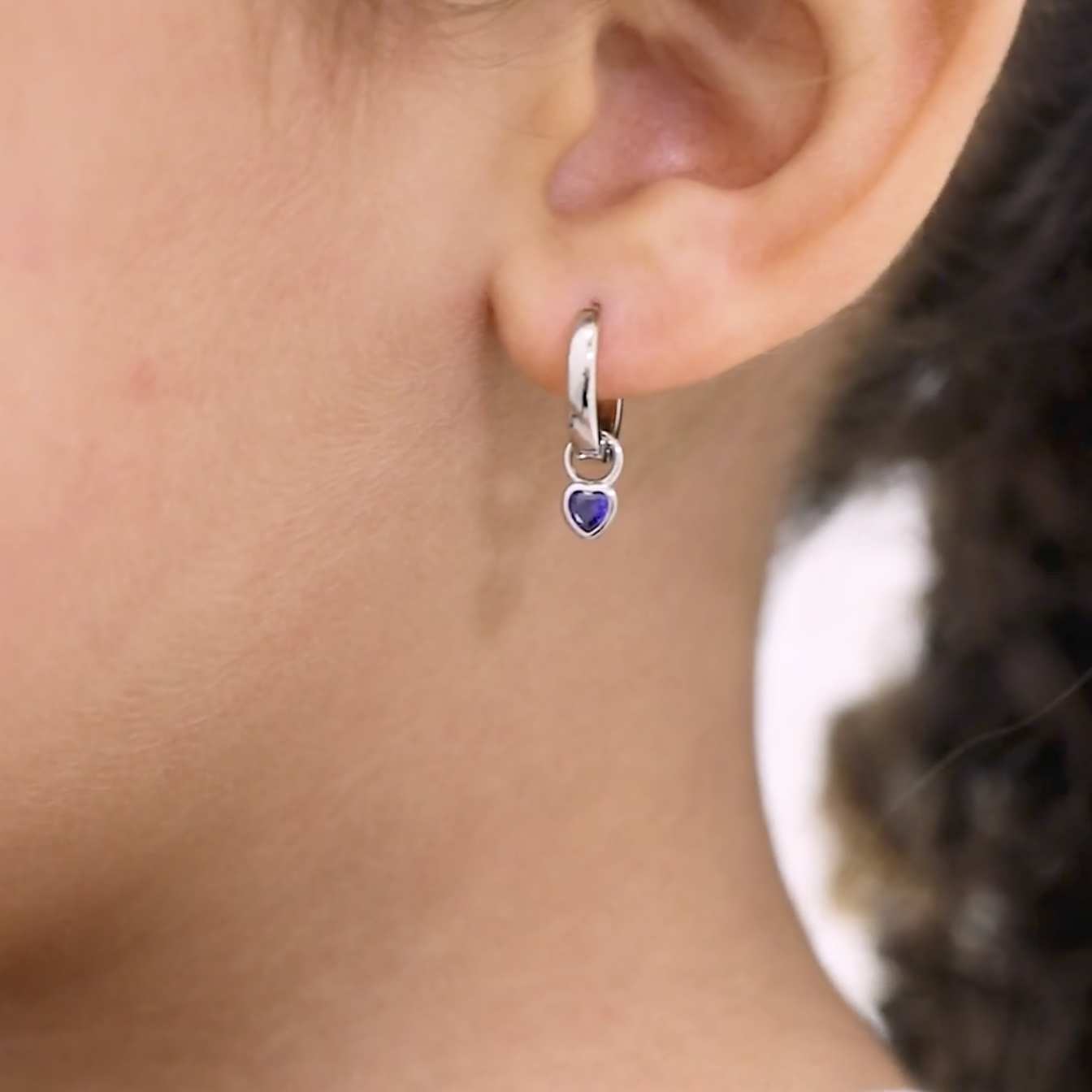 thumbnail video image 2 of 925 Sterling Silver Petite Simulated Amethyst Heart Charm Girls Hoop Earrings, 2 of 8