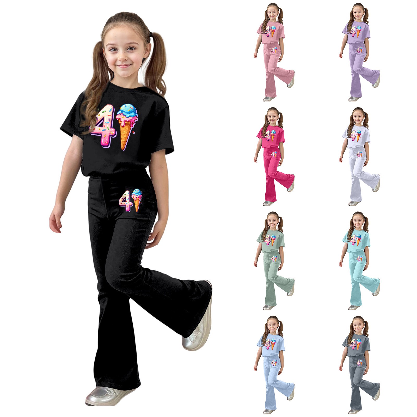 thumbnail video image 2 of Girls' 2 Piece Flared Pants Set Summer Outfits Girls Clothes Size 7 Sets Printed Short Sleeve Top Shirt and Bell Bottom Pants Size 8-9 Years Hot Pink, 2 of 6