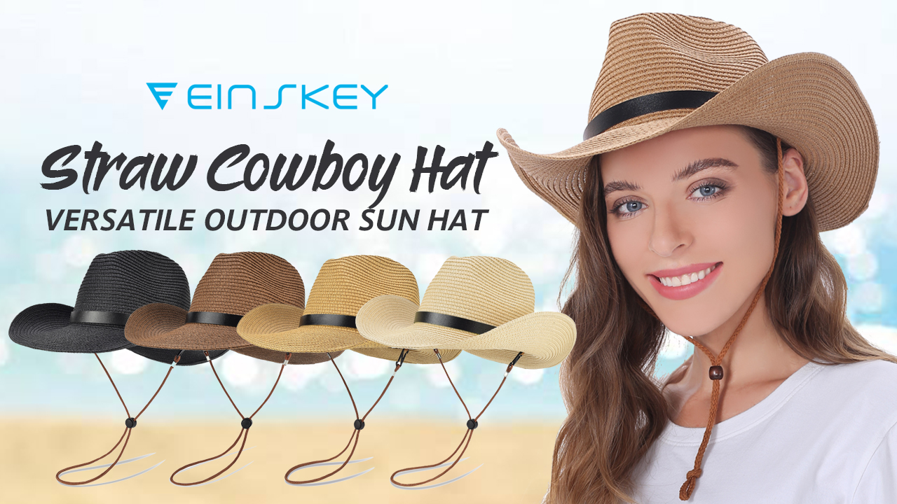 thumbnail video image 2 of EINSKEY Straw Cowboy Hats for Men, Western Cowgirl Hat Women Wide Brim Fedora for Beach,Brown, 2 of 7