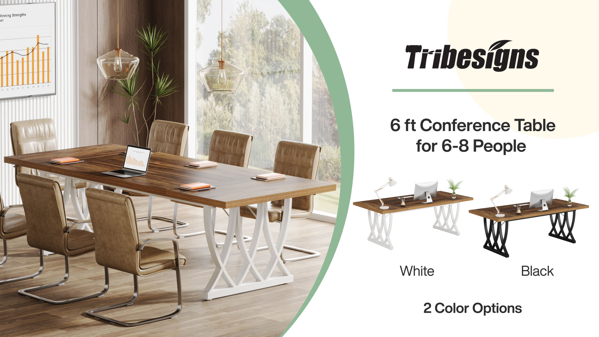 thumbnail video image 2 of Tribesigns 6 ft Conference Table for 6-8 People, 70.86-Inch Rectangle Conference Table Meeting Seminar Table with Unique Curved Metal Support for Home Office (Retro Brown & Black, Without Chair), 2 of 6