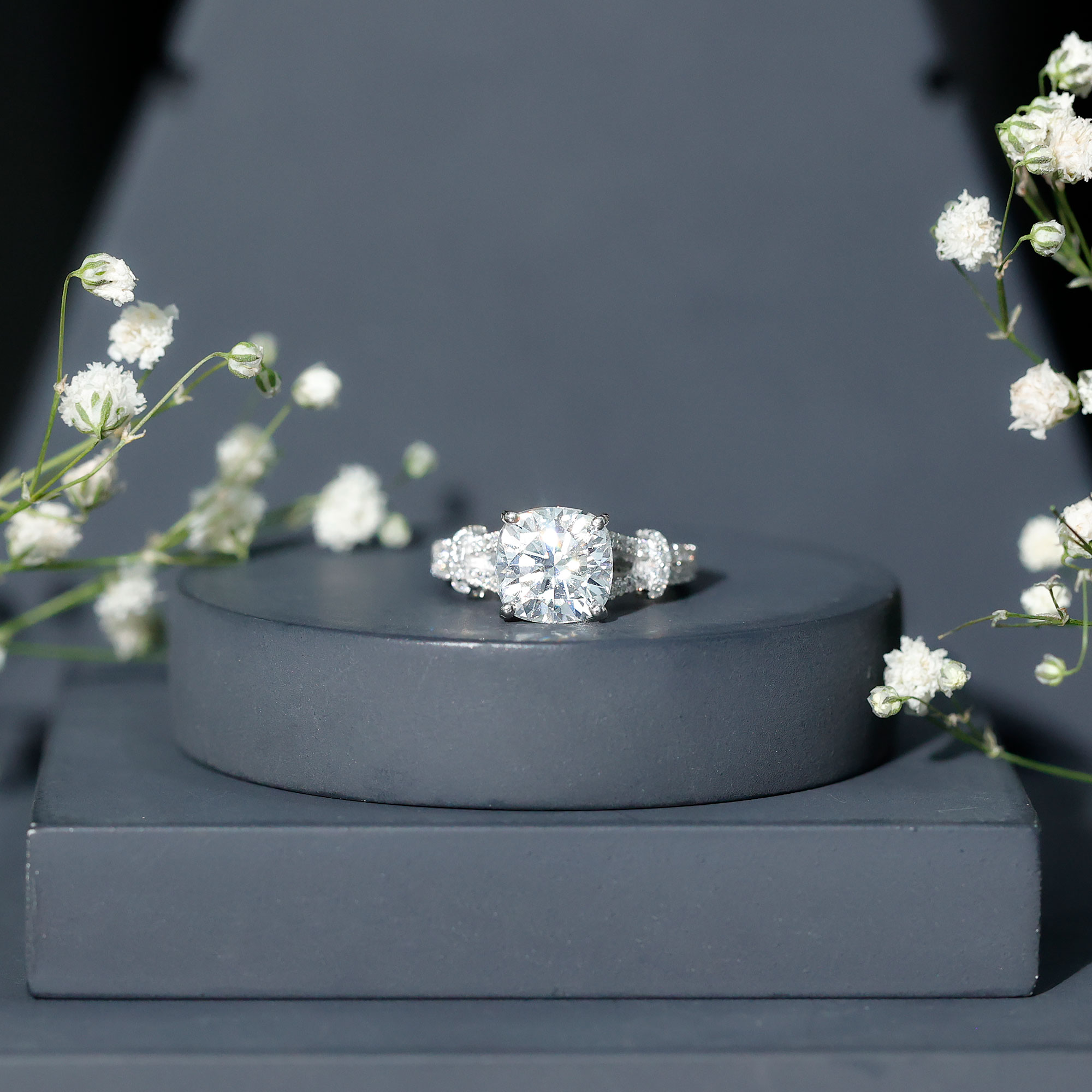 thumbnail video image 2 of Rosec Jewels Moissanite Solitaire Engagement Ring 3 Carat - 8 mm Cushion Cut Ring - D-VS1 Quality Certified, 10K White Gold, US 9.00, 2 of 8