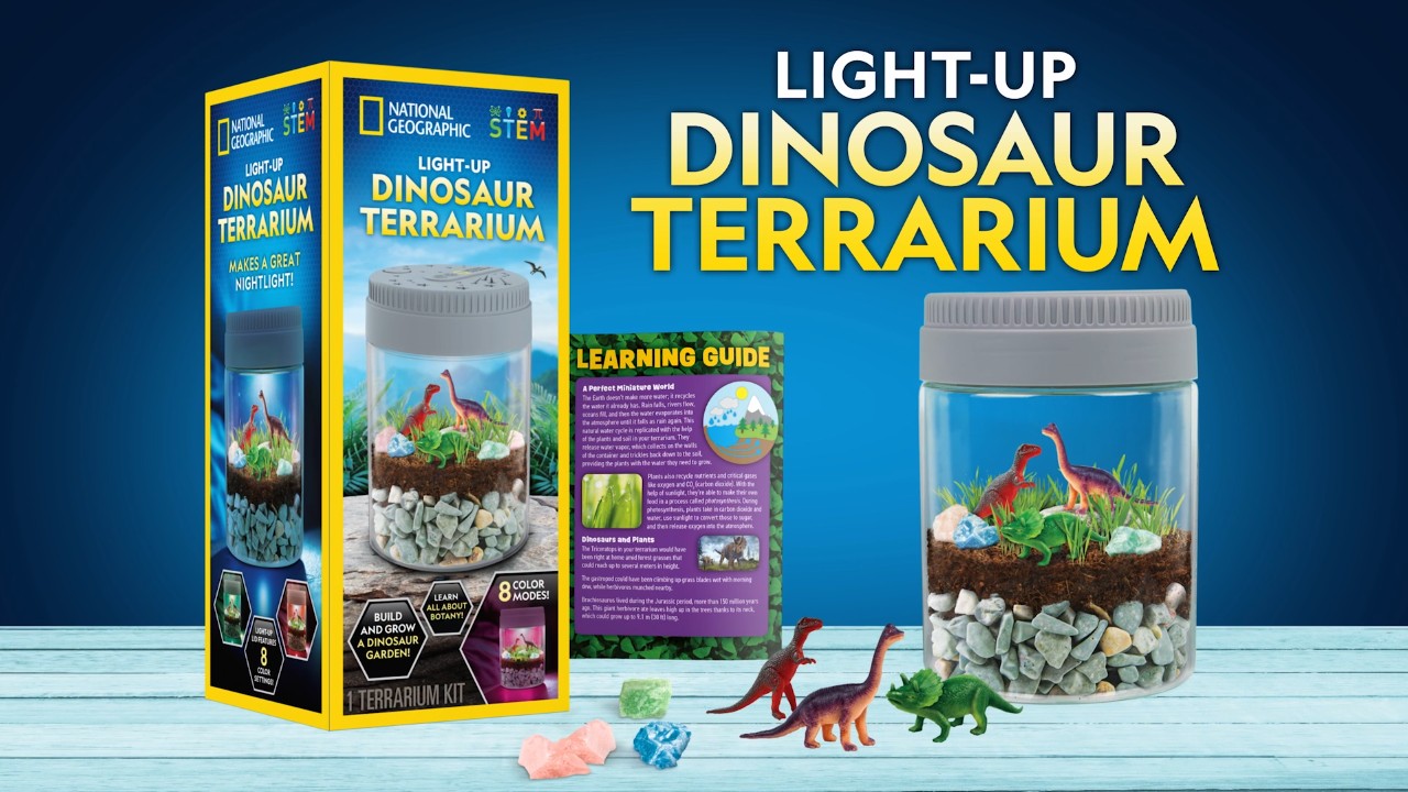 thumbnail video image 2 of NATIONAL GEOGRAPHIC Multicolor LED Dinosaur Terrarium Kit for Kids with Real Plants & More, 2 of 7