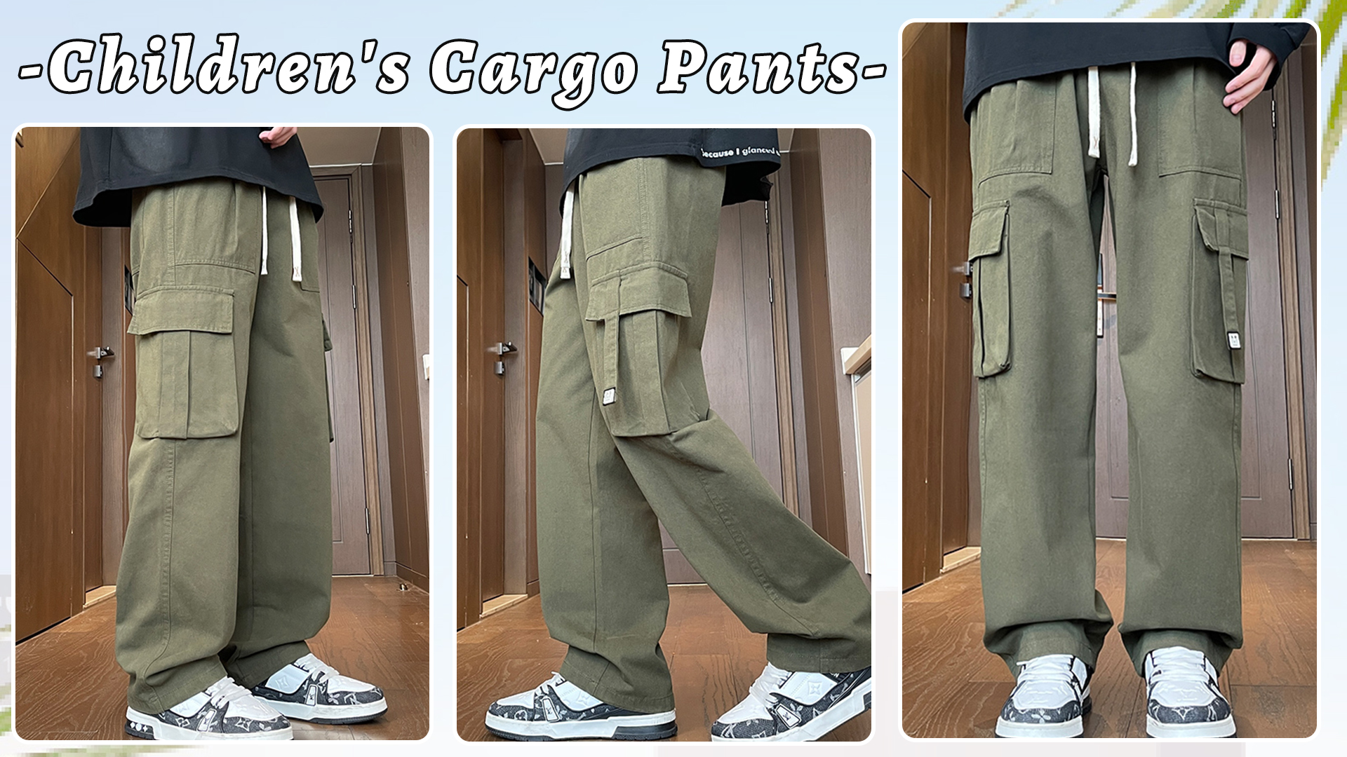 thumbnail video image 2 of Happy Cherry Boys Cotton Cargo Pants Kids Baggy Trousers Teen Elastic Waist Drawstring Sweatpants Hip Hop Joggers 13-14 Years, 2 of 7