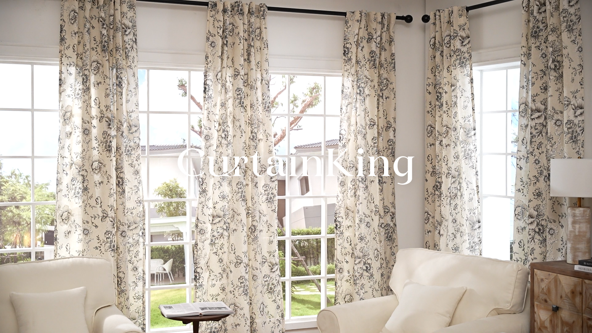 thumbnail video image 2 of CURTAINKING Linen Curtains Floral Curtains for Living Room 90 Inch Length Grey Printed Curtains Rod Pocket Back Tab Farmhouse Peony Flower Patterned Drapes Bedroom Window Curtain Set 2 Panels, 2 of 10