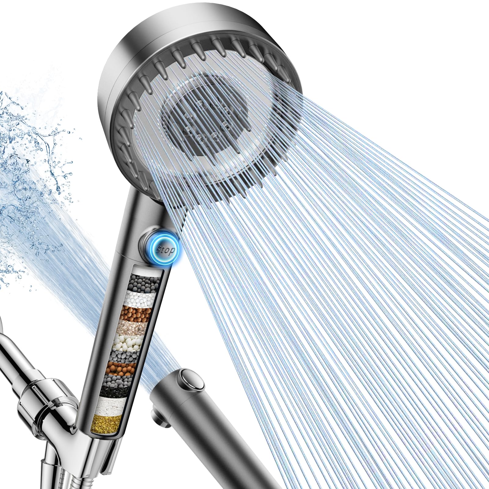 thumbnail video image 2 of FEELSO 4 Setting Handheld Shower Head, High Pressure Showerhead with Filters, Hard Water Softener, Gary, 2 of 10