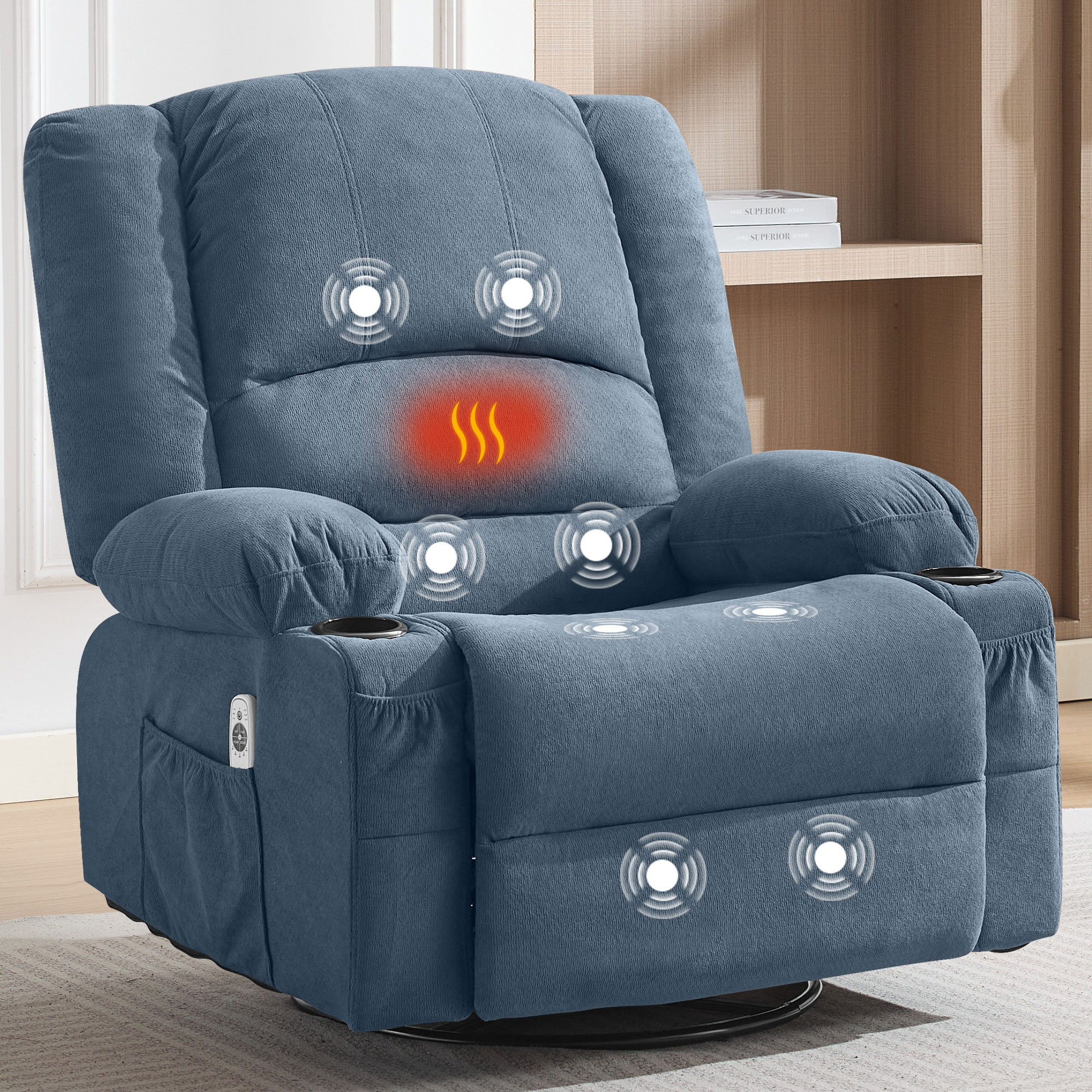 thumbnail video image 2 of JONPONY Heated Manual Massage Recliner with 360° Swivel Rocker, Comfy Single Sofa with Side Pockets and Cup Holders for Living Room, Bedroom, and Home Theater, Blue, 2 of 10