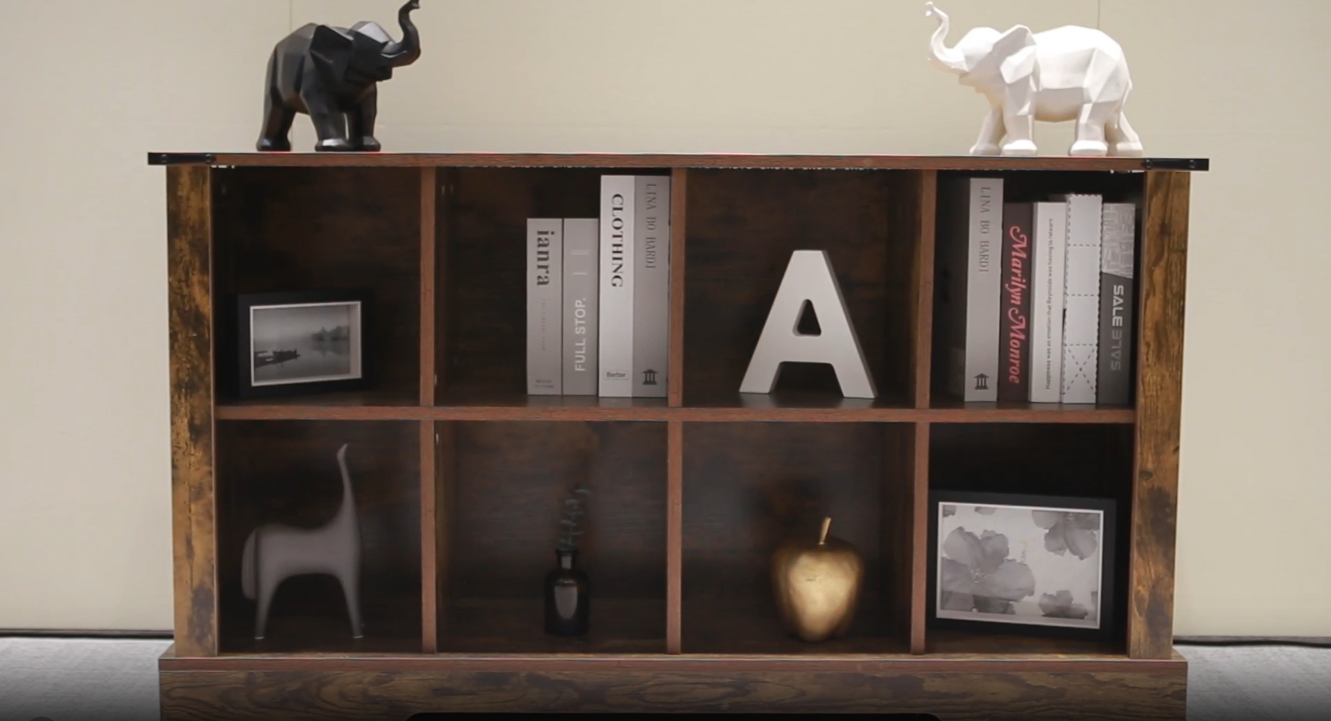 thumbnail video image 2 of 8-Cube LED Bookshelf - Mid-Century Modern Wood Storage Shelf for Bedroom, Living Room & Office, Brown, 2 of 7